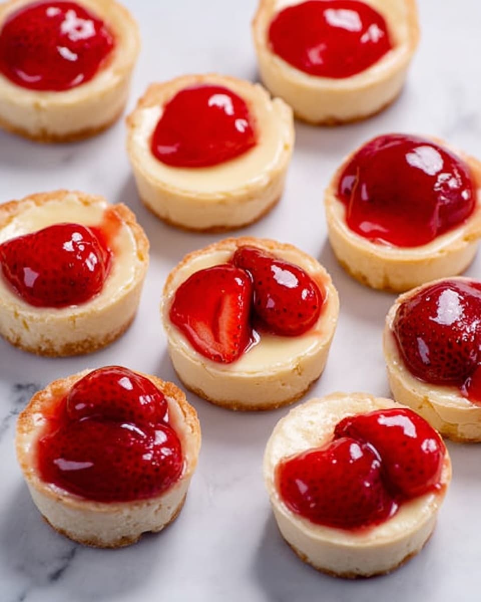 The image shows small round white tartlets arranged on a white marbled surface. Each tartlet has two layers: a smooth, creamy beige base filling that looks soft and slightly cracked on top, and a glossy, bright red strawberry topping with whole strawberries covered in shiny syrup. Some tartlets have only the creamy base layer without the strawberry topping. The tartlets are evenly spaced in a loose pattern, with light reflecting off the shiny red syrup making it vibrant and fresh. Photo taken with an iphone --ar 4:5 --v 7