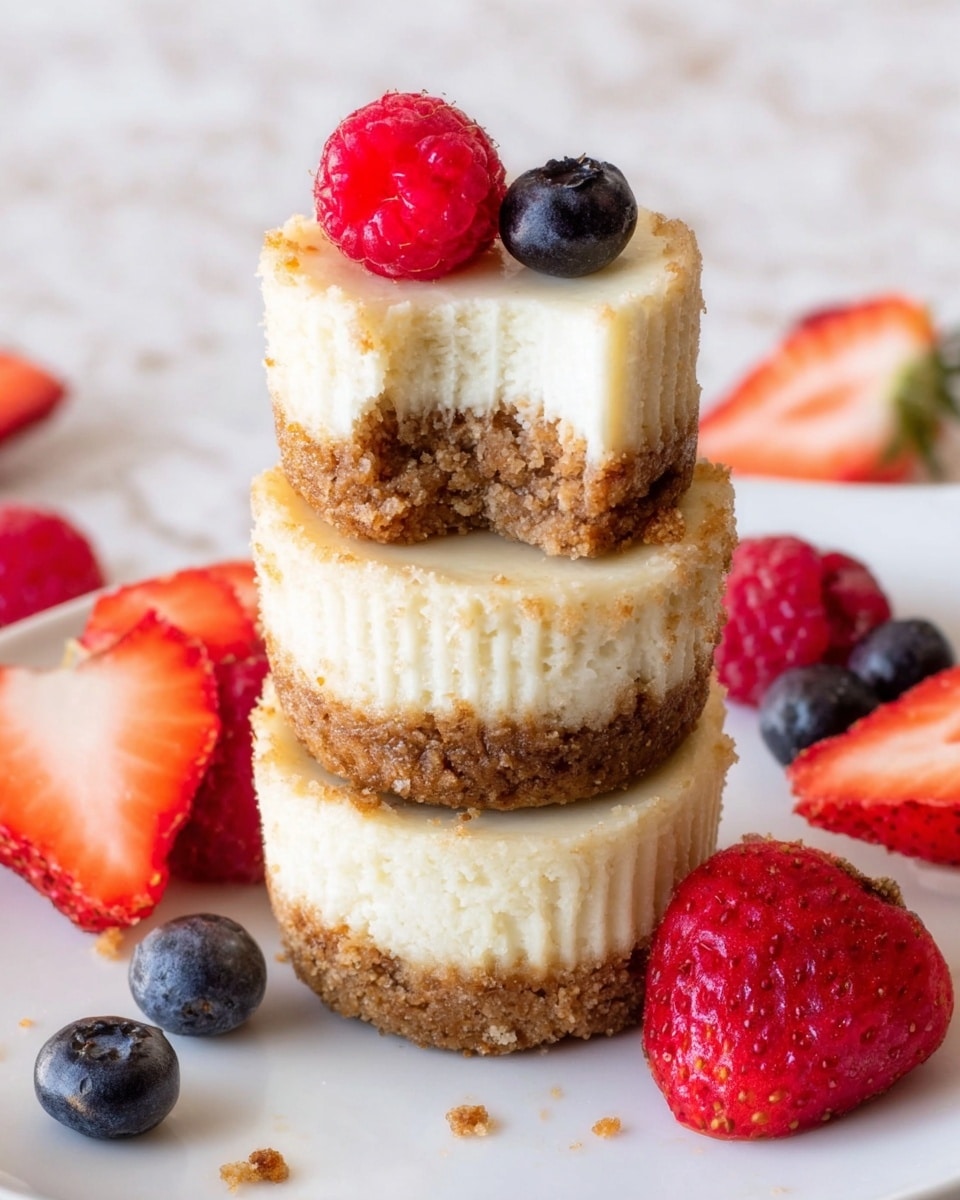 A stack of three small cheesecakes on a white plate set on a white marbled surface. Each cheesecake has two layers: a crumbly light brown crust at the bottom and a creamy white cheesecake layer on top with a smooth, slightly textured surface. The top cheesecake has a bite taken out of it, showing a thick, creamy inside. On top of this cheesecake sit a red raspberry and a dark blue blueberry. Around the plate, there are scattered small pieces of red strawberries and another dark blue blueberry. A fourth cheesecake on the right edge of the plate is topped with two red strawberry slices and one raspberry. photo taken with an iphone --ar 4:5 --v 7