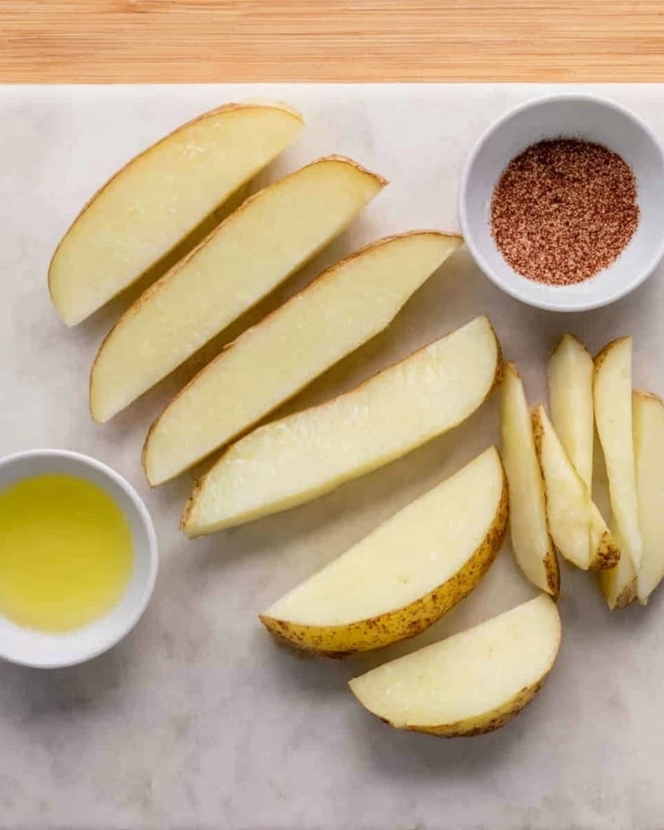 The image shows a white marbled surface with slices of potato arranged in a row. There are about ten potato wedges, some with skin on, varying in thickness and length. To the top right, there is a small white bowl filled with coarse reddish-brown seasoning. At the bottom left, another small white bowl is visible, containing a clear liquid, likely oil. The potato slices have a pale yellowish color with a rough texture where the skin remains. photo taken with an iphone --ar 4:5 --v 7