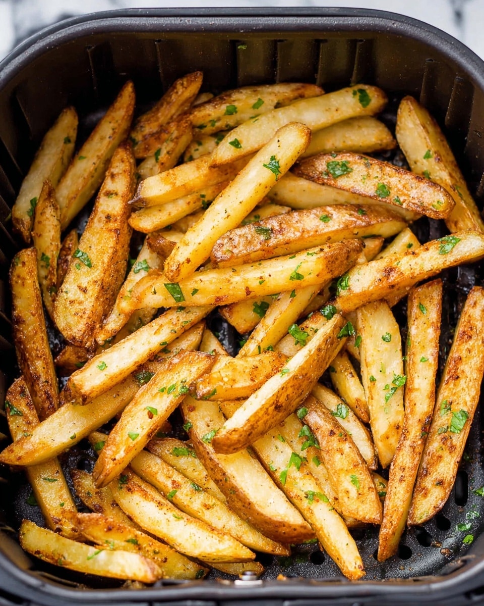 The image shows a single layer of golden-brown potato fries inside a black air fryer basket. The fries vary in size and thickness, with some having the potato skin on the edges giving a rustic look. The fries are sprinkled evenly with green herb bits, likely parsley or cilantro, adding some bright green color contrast to the warm golden fries. The texture of the fries is crisp but natural, with some darker spots indicating they are well cooked. The background has a white marbled texture. photo taken with an iphone --ar 4:5 --v 7