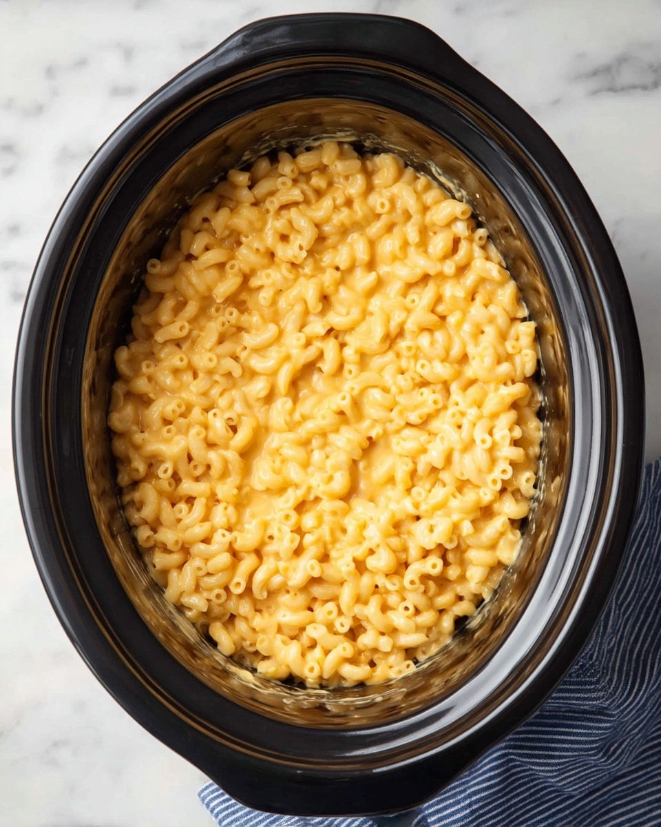 A black slow cooker filled with a single layer of creamy macaroni and cheese made of small elbow macaroni evenly coated in a smooth, yellow-orange cheese sauce. The surface of the macaroni appears soft and slightly shiny, with the pasta tightly packed inside the slow cooker. The slow cooker sits on a white marbled surface with a blue and white striped cloth partially visible on the right side. photo taken with an iphone --ar 4:5 --v 7