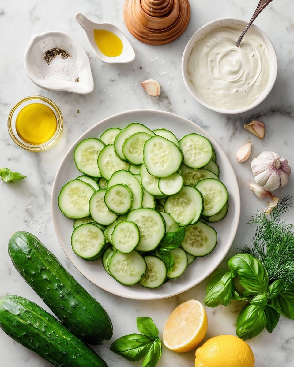 A white round plate is filled with many slices of fresh cucumber, each slice showing a light green center with darker green skin around the edge, arranged in a neat, slightly overlapping pattern. To the top right of the plate, a white bowl contains a creamy white sauce with smooth texture, a silver spoon resting inside. Above and to the left are small white dishes and jars holding golden honey, olive oil, and white salt with a spiral pattern on top. Near the top right corner, there is a round light wooden pepper grinder, and next to it lies a clove of garlic. Fresh green basil leaves with a shiny texture cover the bottom right corner, while some dill sprigs are placed near the bottom left. Two whole cucumbers and a halved lemon showing a bright yellow and juicy inside are also present on the white marbled surface around the plate. photo taken with an iphone --ar 4:5 --v 7