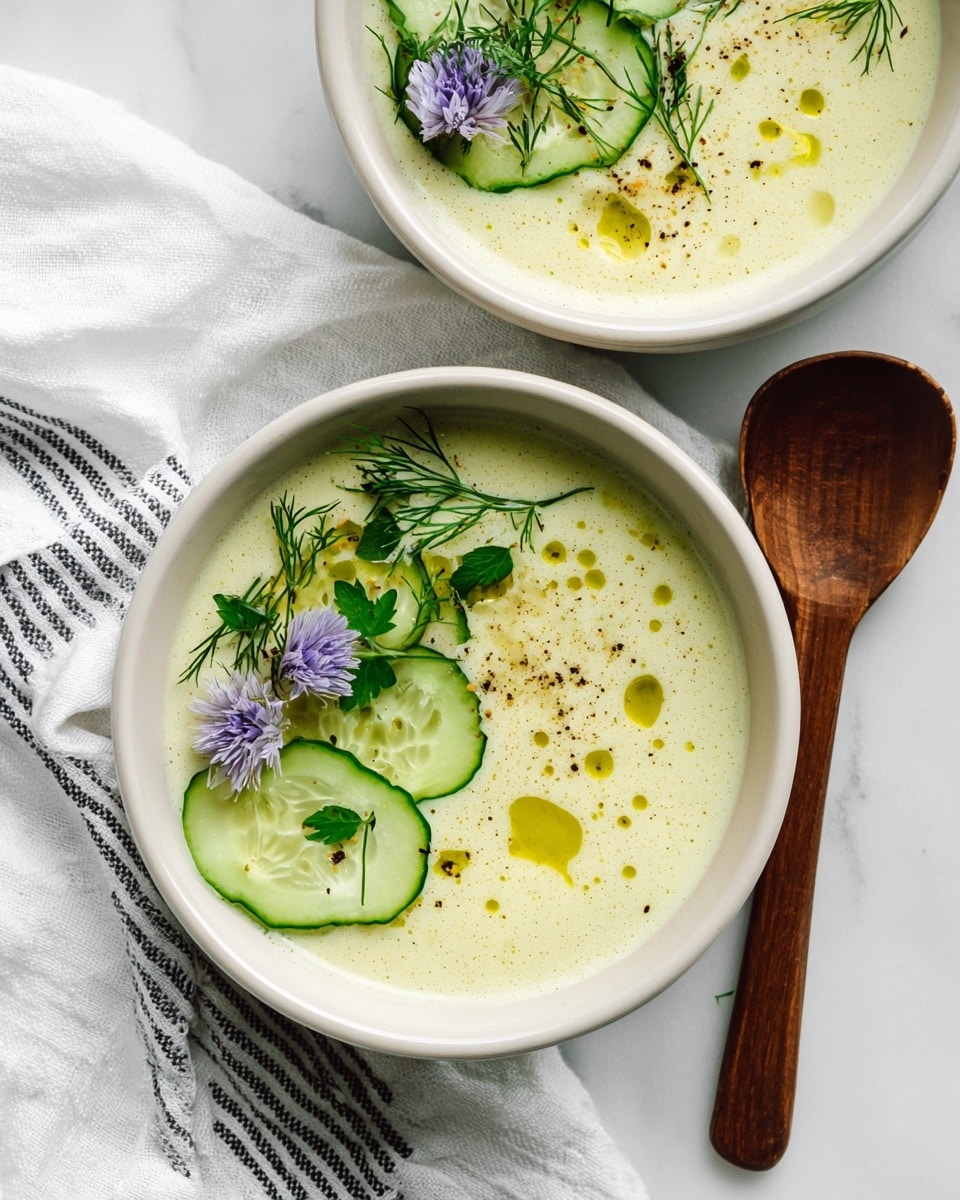 Two white bowls on a white marbled surface hold a pale yellow creamy soup with small bubbles on top. Each bowl has three light green cucumber slices arranged in a curved line near the edge. Fresh green herbs including dill and flat-leaf parsley are placed between and on the cucumber slices. Small purple edible flowers add color near the herbs. A drizzle of olive oil forms a thin, irregular line on the soup surface, with some black pepper sprinkled around. A wooden spoon lies next to the lower bowl on a white cloth with fine black stripes, and a woman's hand is gently holding the top bowl. photo taken with an iphone --ar 4:5 --v 7