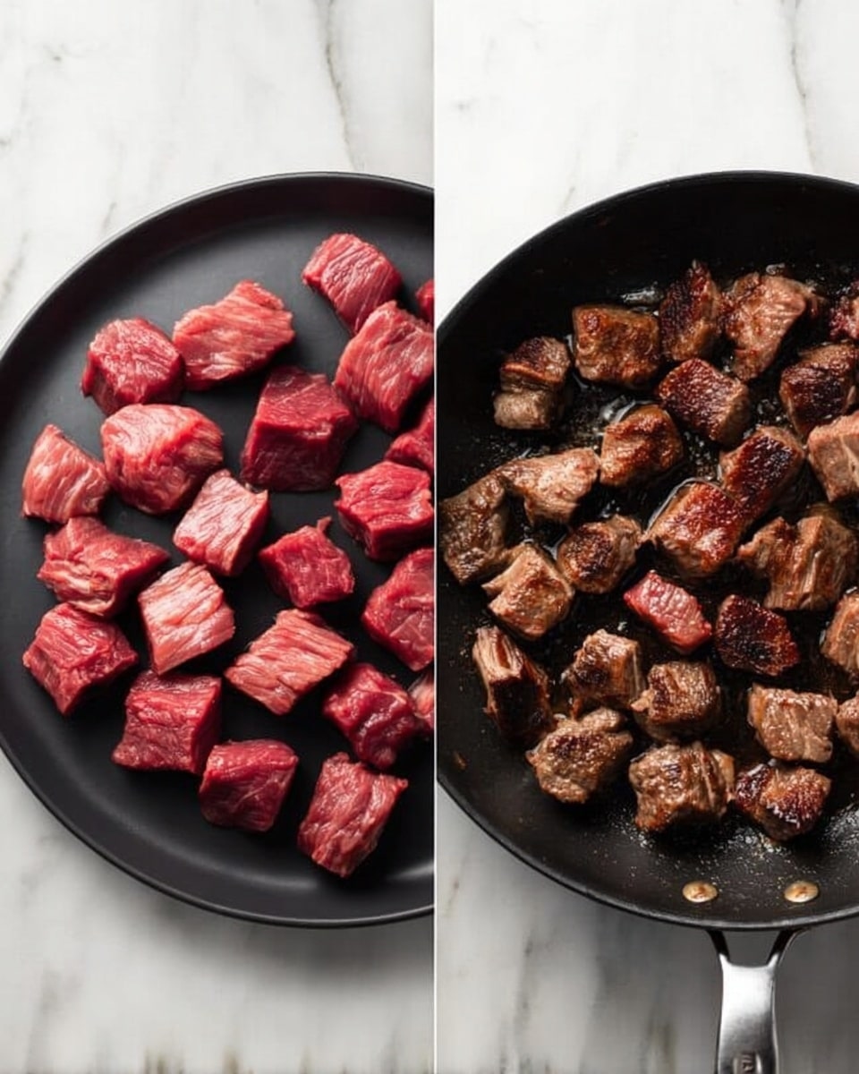 The image shows two side-by-side views. On the left, there is a black plate filled with raw beef cubes that are red with some light fat parts, all evenly spread on the plate. On the right, there is a black frying pan with cooked beef cubes, browned on the outside with some caramelized texture, spaced apart but covering most of the pan's surface. Both are on a white marbled surface. photo taken with an iphone --ar 4:5 --v 7