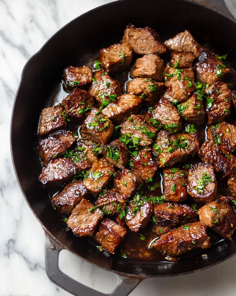 The image shows a white bowl filled with many bite-sized pieces of cooked meat that are brown with a shiny glaze. The meat pieces are covered in a thick sauce with small bits of garlic or spices visible on them. Fresh green herbs are sprinkled evenly over the meat adding a touch of brightness. The bowl is placed on a white marbled surface. The photo taken with an iphone --ar 4:5 --v 7