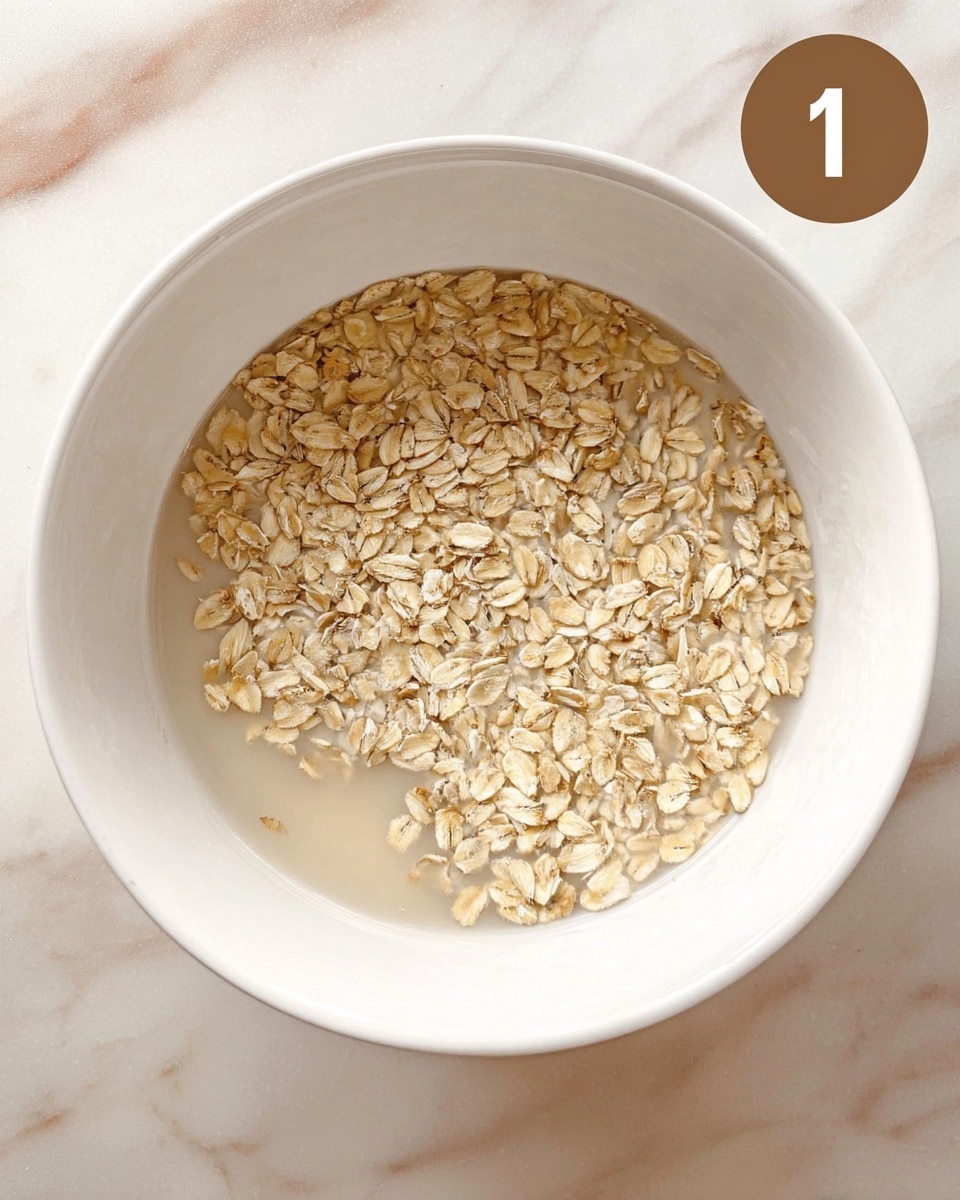 A close-up top view of a white bowl filled with a single layer of light tan rolled oats floating in a pale beige liquid, all sitting on a white marbled surface with a brown circle labeled