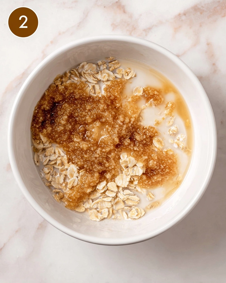 A white bowl filled with a mixture of milk, light beige rolled oats, and clumps of golden brown brown sugar on top, all floating softly together. The oats have a textured, slightly curved shape, and the brown sugar areas appear sticky and granular, sitting mainly in the center of the bowl. The bowl is placed on a white marbled surface and the photo is taken close up, showing the details of the oats and sugar clearly. A brown circle with the number 2 is visible near the top right edge of the bowl. photo taken with an iphone --ar 4:5 --v 7
