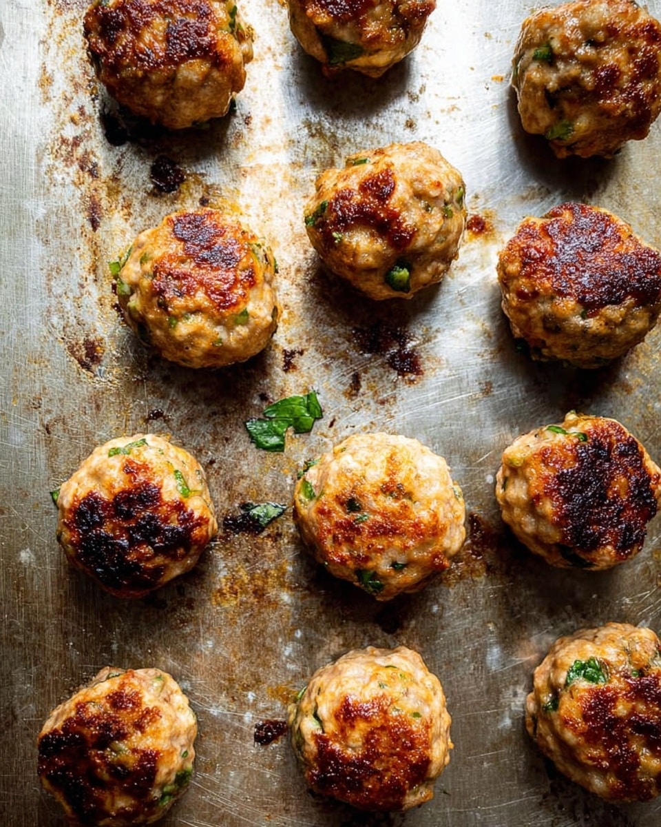 A group of small, round, golden-brown meatballs with a slightly uneven texture, showing bits of green herbs, are scattered on a well-used, metal baking sheet with dark browned spots and some oil stains. Each meatball has a crispy, browned top and softer, lighter sides. The background is a white marbled texture. photo taken with an iphone --ar 4:5 --v 7