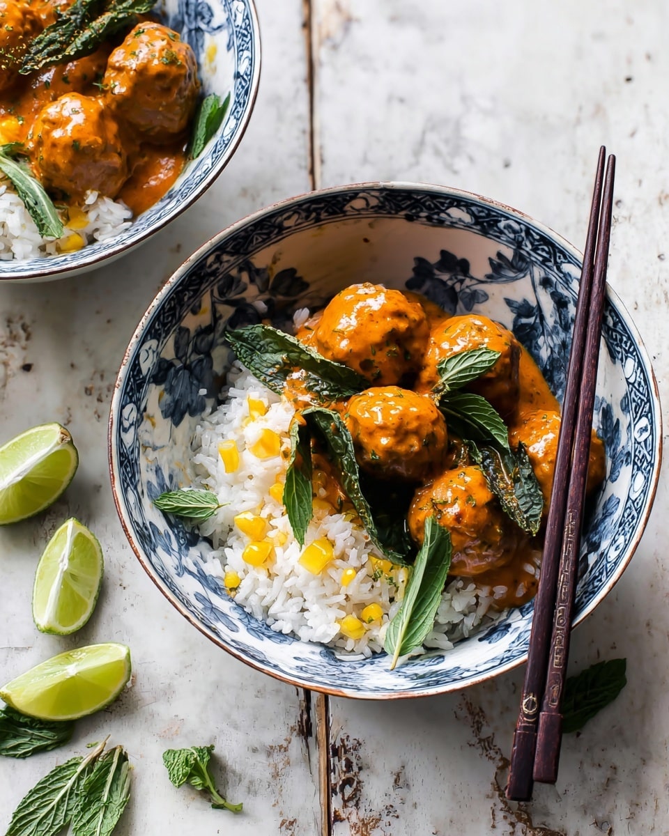 Two white bowls with blue splash patterns hold a dish with three layers. The bottom layer is white rice with a few small yellow chunks mixed in. On top of the rice are five round brown meatballs covered with orange sauce that looks smooth and creamy. Fresh green leaves are scattered over the meatballs and rice. A pair of dark chopsticks rests on the right side of the bowl in the front. Lime pieces and more green leaves are scattered around the bowls on a white marbled texture surface. Photo taken with an iphone --ar 4:5 --v 7