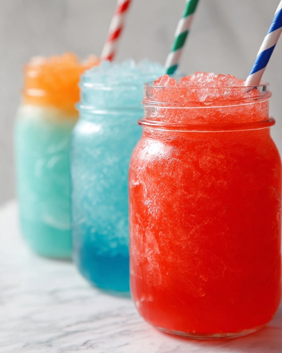 Three mason jars filled with icy drinks stand closely in a row on a white marbled surface. The jar closest to the front holds a bright red icy drink with a rough texture from crushed ice, topped with a blue and white striped paper straw slanting outward. Behind it, the middle jar contains a light blue icy drink with a similar texture, paired with a red and white striped paper straw. The jar farthest back features an orange icy drink, along with a green and white striped paper straw. The background is softly blurred, making the colors of the drinks pop. Photo taken with an iphone --ar 4:5 --v 7