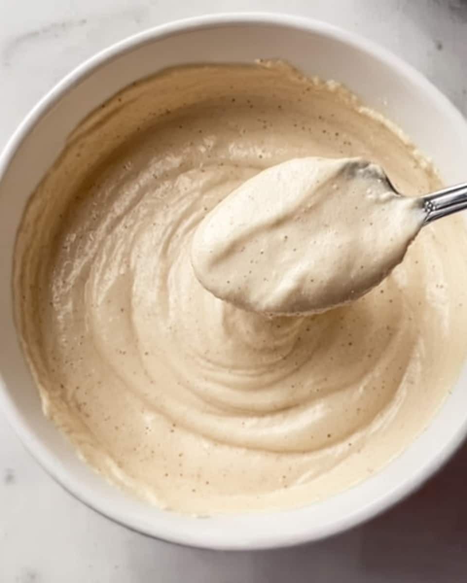 A close-up view of a white bowl filled with a smooth, creamy mixture that has a light beige color with a few small darker spots. A silver spoon is scooping some of the mix from the bowl, showing the soft, thick texture of the creamy substance. The bowl is placed on a white marbled surface. photo taken with an iphone --ar 4:5 --v 7