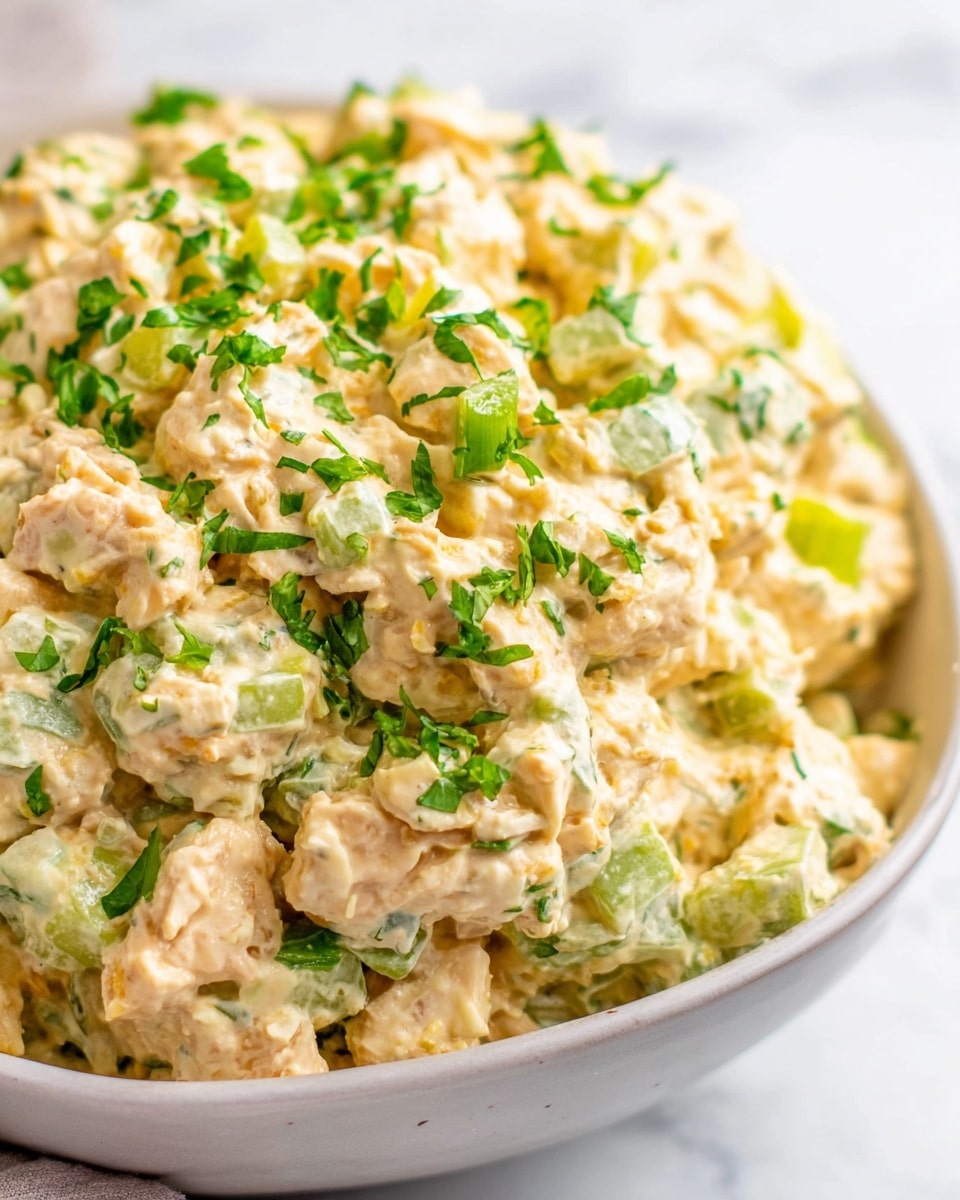 A close-up of a creamy chicken salad with small white and light brown chicken pieces mixed with light green celery chunks, all coated in a thick pale yellow creamy dressing. Fresh, chopped green herbs are sprinkled evenly on top, adding pops of green color. The salad is inside a white bowl with soft rounded edges, placed on a white marbled surface. The texture looks soft and chunky with visible pieces of chicken and celery. photo taken with an iphone --ar 4:5 --v 7
