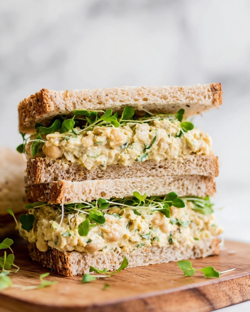 The image shows a close-up of a sandwich cut in half and stacked, placed on a wooden board with a few green sprouts scattered around. There are three layers: the top and bottom layers are made of light brown whole grain bread with a soft, airy texture and visible seeds, the middle layer is a thick, creamy chickpea salad mixed with green herbs, and small pieces of vegetables, topped with fresh green leafy sprouts that peek out between the bread layers. The background is a white marbled texture, giving a clean and fresh look. Photo taken with an iphone --ar 4:5 --v 7