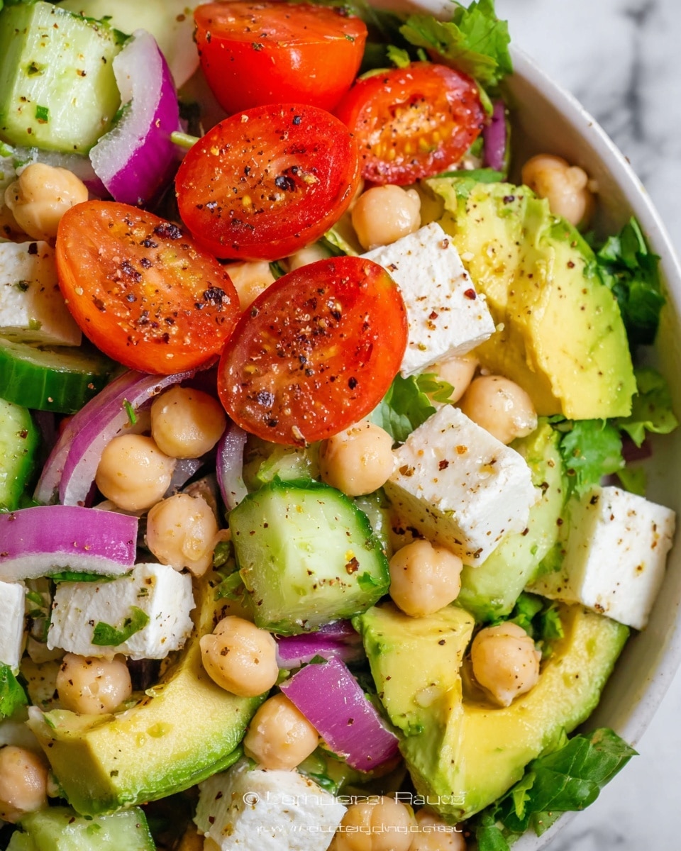 This close-up image shows a fresh salad with multiple layers of ingredients. The bottom layer has green cucumber slices and green leafy herbs. On top of that are white cubes of cheese scattered around. There are also round, light beige chickpeas mixed in. Bright red cherry tomato halves sit on the top with small black pepper flakes sprinkled over everything. Pieces of light yellow avocado and small purple onion slices are spread throughout the salad, adding color and texture. The salad is served on a white plate, placed on a white marbled surface. photo taken with an iphone --ar 4:5 --v 7