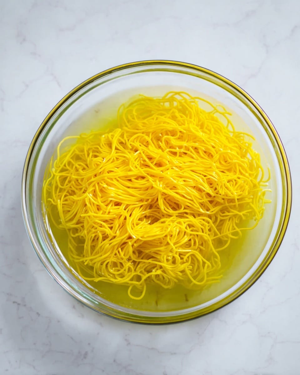 A clear round glass bowl sits on a white marbled surface, filled with thin bright yellow noodles submerged in clear water. The noodles create a tangled, wavy layer at the top, with the water slightly cloudy around them. The bowl’s glass edge is visible and shiny, giving a fresh and simple look. photo taken with an iphone --ar 4:5 --v 7