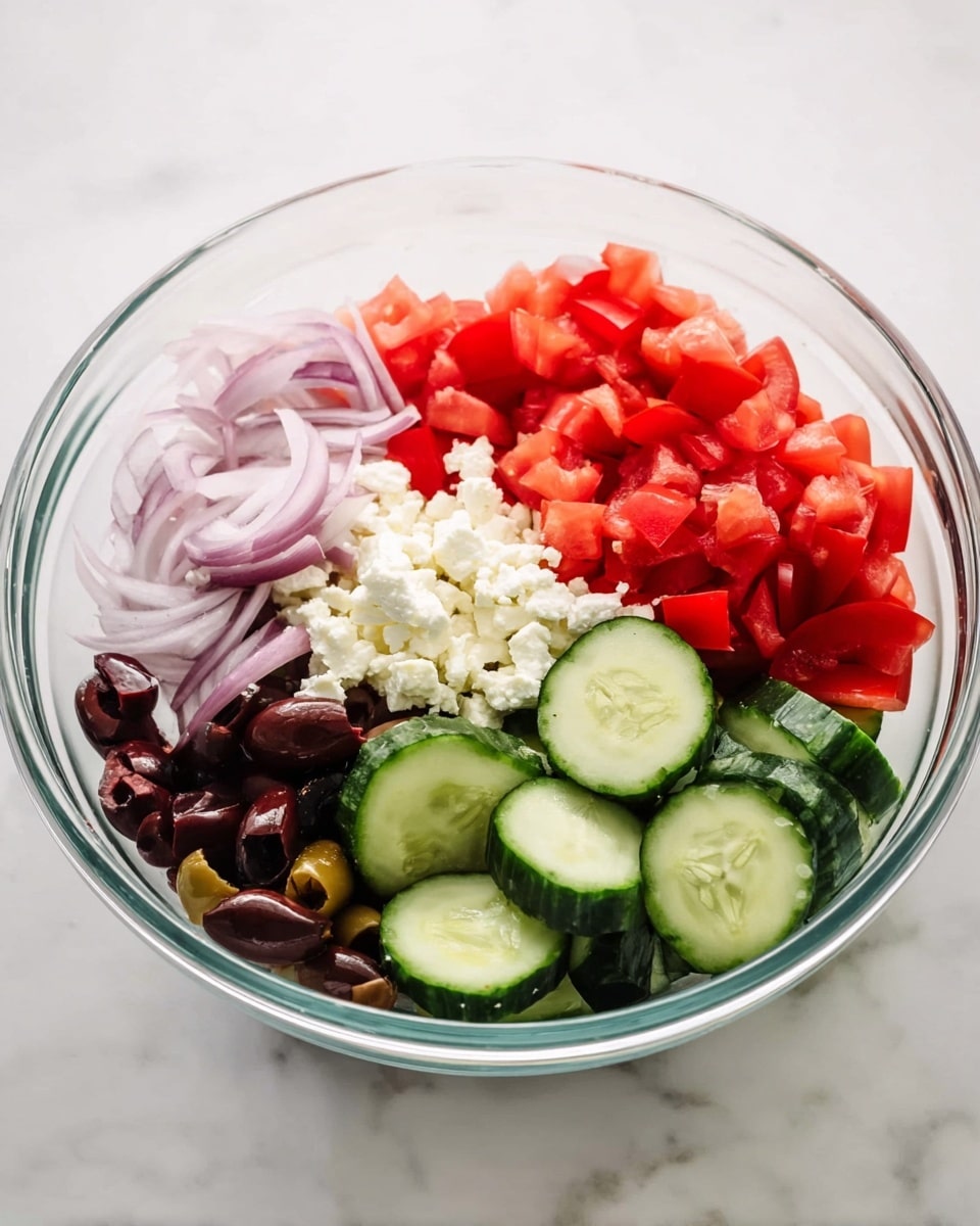 This image shows a clear glass bowl on a white marbled surface filled with five distinct salad layers. On the top right, there are bright red tomato pieces cut into medium chunks. Below the tomatoes is a group of cucumber slices, dark green on the edges and light green inside, cut into thick half-rounds. To the left of the cucumbers, there is a small pile of white crumbled cheese. Below the cheese, there are dark brown sliced olives. Above the olives, at the top left, there are thin, pale purple slices of onion. Each ingredient is separated and not yet mixed. Photo taken with an iphone --ar 4:5 --v 7