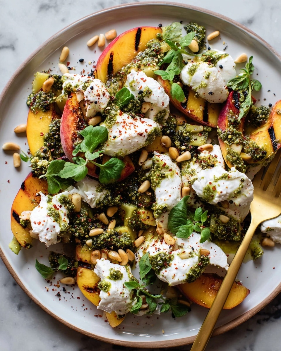 The dish shows many small pieces of grilled yellow and orange peaches with dark grill marks spread across the plate. On top, there are dollops of white creamy ricotta cheese sprinkled with red spice and pine nuts. Small green basil leaves and a green pesto sauce with a slightly chunky texture are scattered throughout the dish, adding fresh color. The layers mix juicy, charred fruit, creamy cheese, and fresh herbs, creating a vibrant and textured look. The whole dish is set on a white marbled surface. photo taken with an iphone --ar 4:5 --v 7