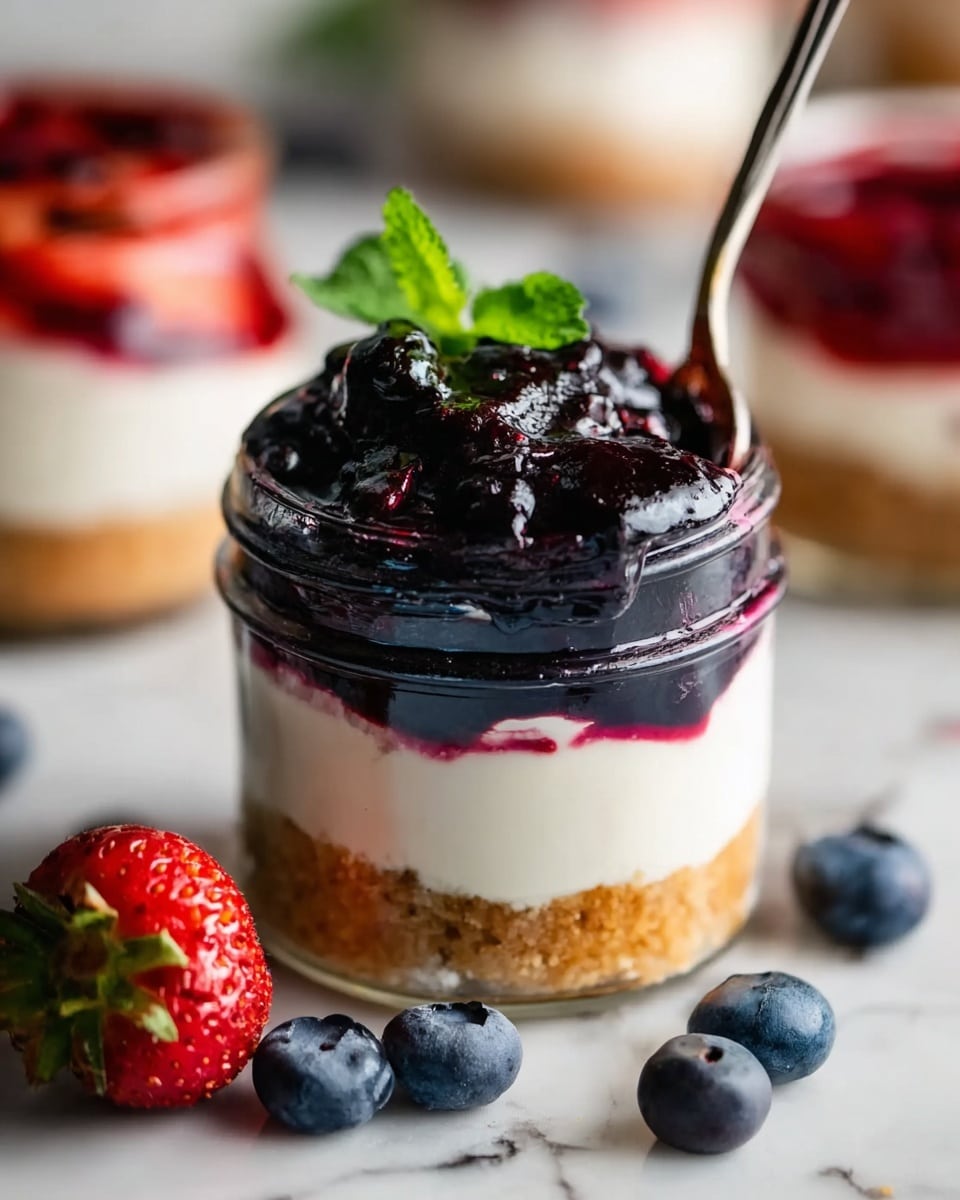 This image shows a small clear glass jar with four visible layers of dessert. The bottom layer is a crumbly, light brown base. Above it, there is a thick, creamy white layer. The third layer is a dark, glossy purple blue layer that appears smooth with some swirls blending into the white layer. On top, there is a shiny, dark blueberry compote with whole berries. A fresh green mint leaf sits on the blueberry topping. A silver spoon is placed inside the jar. Around the jar, there are scattered fresh blueberries and a ripe red strawberry on a white marbled surface. In the background, there is a blurred glass jar with a similar dessert having a red topping. photo taken with an iphone --ar 4:5 --v 7