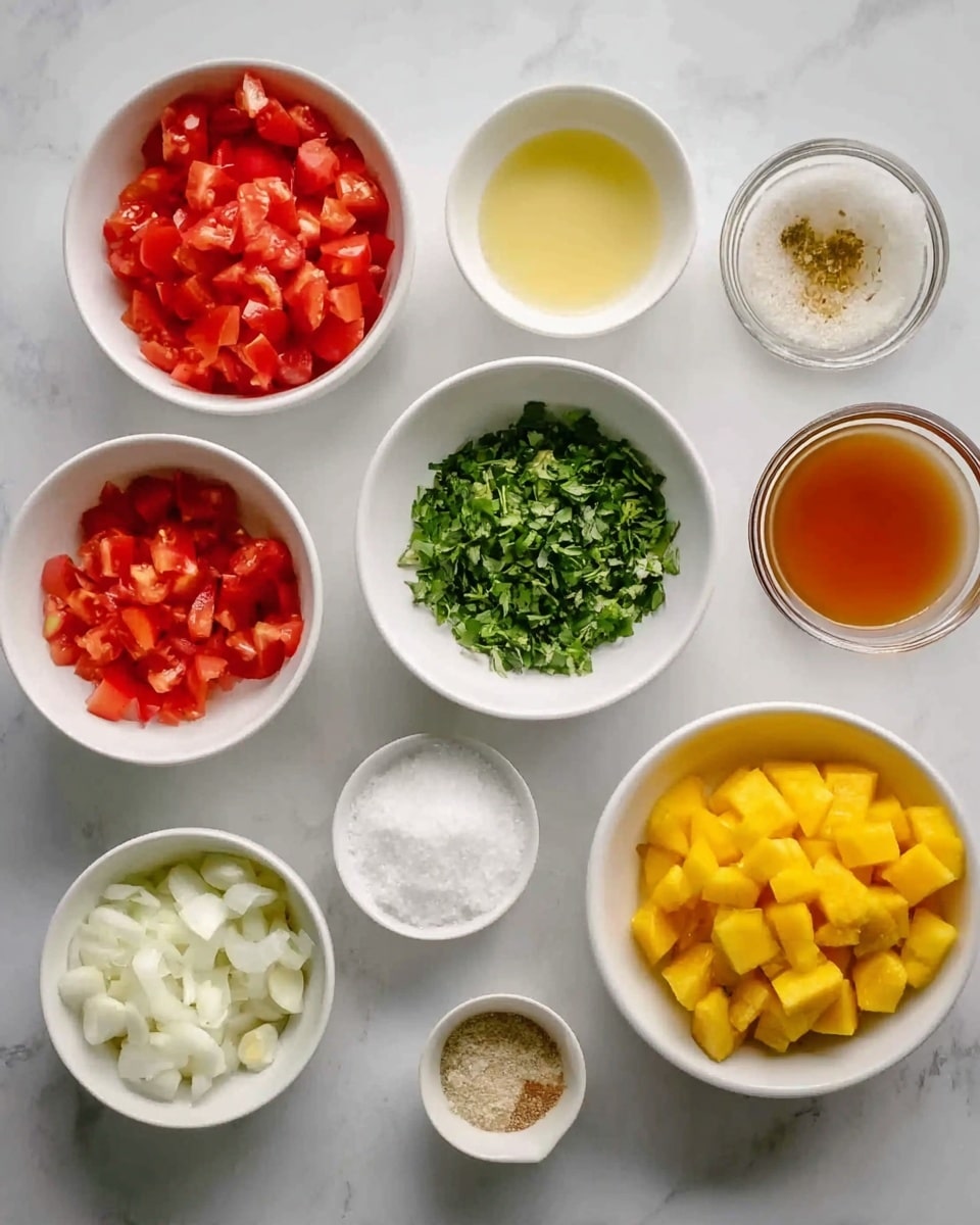 The image shows eight small white bowls arranged on a white marbled surface. From left to right, the top row holds a bowl full of chopped red tomatoes, a bowl with a pale yellow liquid, a bowl with chopped green herbs, and a bowl with a white powder. The bottom row has a small bowl with white crystals, a small bowl with minced light yellow garlic, a bowl filled with chopped white onion pieces, a tiny bowl with light brown powder, a small bowl with an amber liquid, and a bowl with diced yellow mango pieces. Photo taken with an iphone --ar 4:5 --v 7