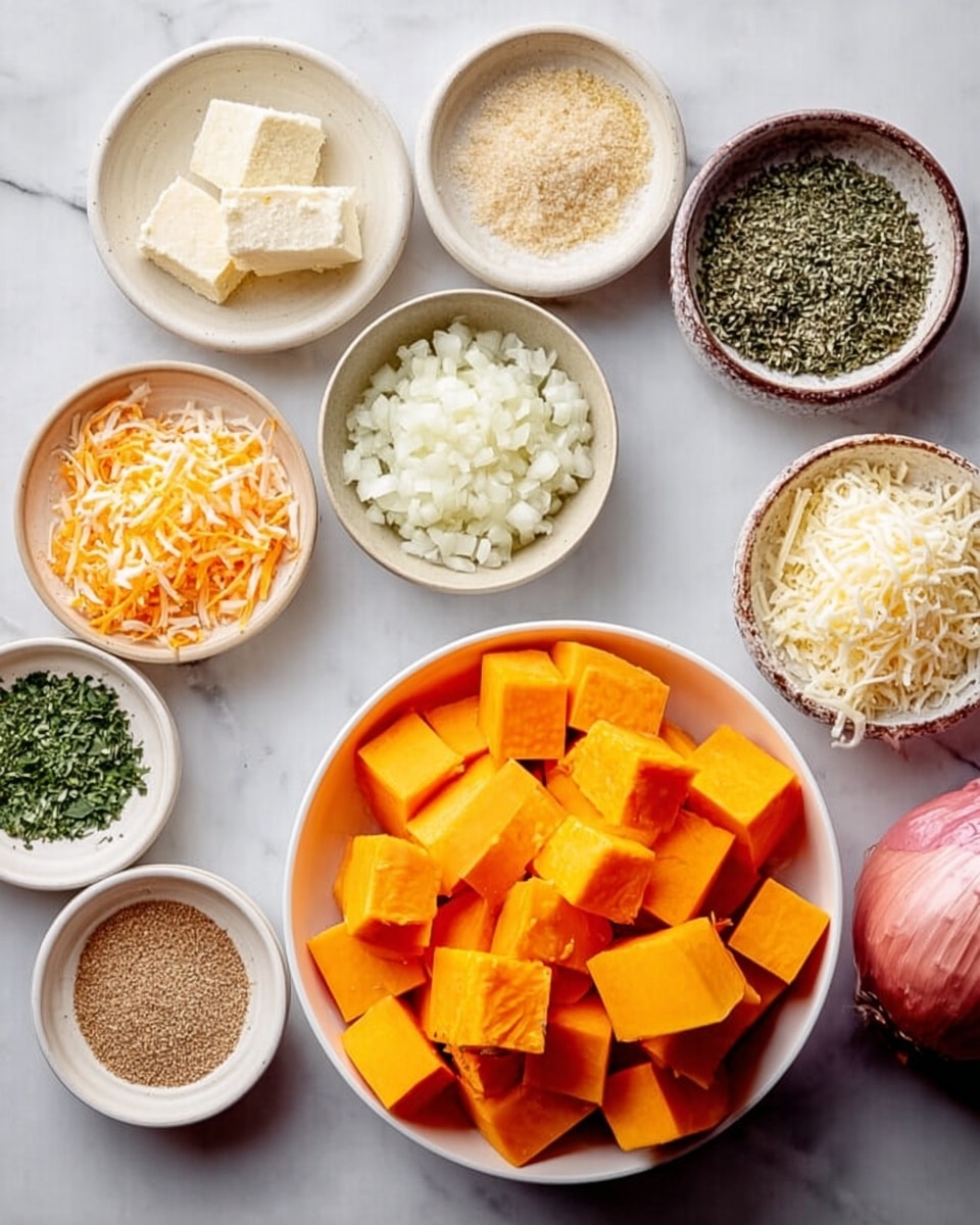 The image shows a set of small white bowls and plates arranged on a white marbled surface. In the center, there is a white bowl filled with large orange cubes of squash. Surrounding it are several smaller white bowls holding various ingredients: finely chopped shallots, minced garlic, melted butter, shredded cheese, grated parmesan, dried parsley, salt, and ground nutmeg. The colors are mainly orange, white, beige, and green, with the textures ranging from soft cubes to fine powders and shredded pieces. The scene is neatly organized and well-lit, giving a clean and fresh look. photo taken with an iphone --ar 4:5 --v 7