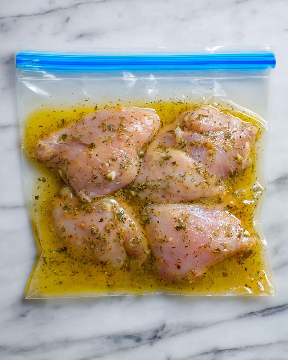 A clear plastic zip-lock bag filled with three light pink raw chicken pieces soaked in a yellowish marinade mixed with small green and black herbs, lying flat on a white marbled surface. The marinade coats the chicken evenly, giving it a shiny, wet look inside the transparent bag. The blue zip-lock seal is visible at the top of the bag photo taken with an iphone --ar 4:5 --v 7