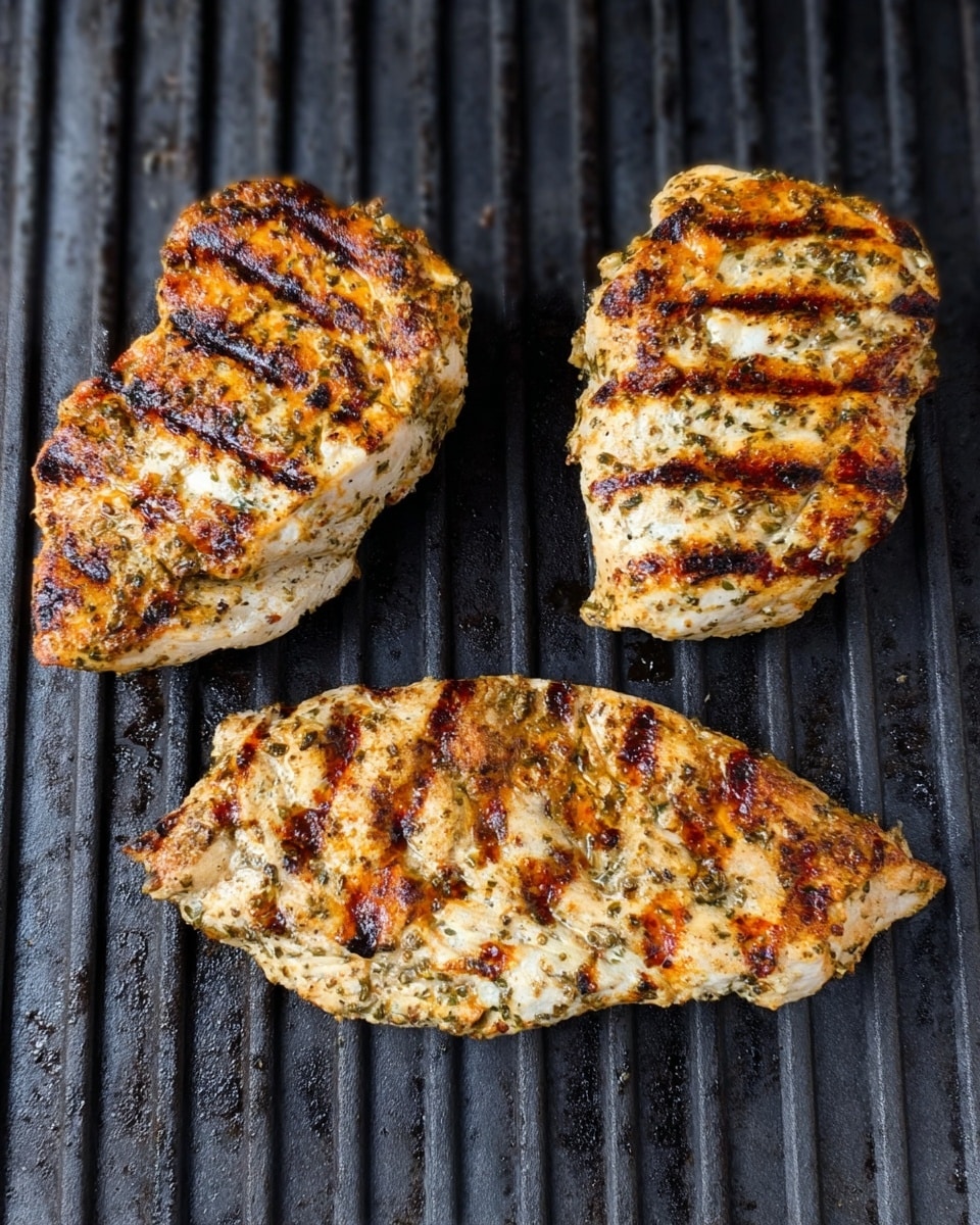 Three grilled pieces of seasoned chicken are placed on dark grill bars. Each piece is golden brown with dark brown grill marks in parallel lines. The chicken shows a mix of white and light brown with bits of herbs and spices visible on the surface. The grill bars contrast with the color of the chicken, and there is slight charring and sizzle marks around the edges of the chicken pieces. The background is a white marbled texture. photo taken with an iphone --ar 4:5 --v 7