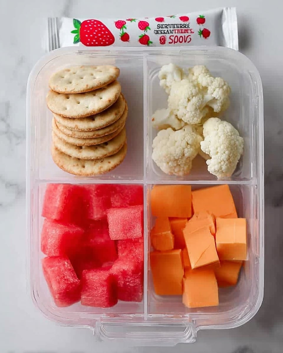 A clear plastic divided container with four sections sits on a white marbled surface. The top left section holds a neat stack of round light golden crackers with a slight shine. The top right section contains a small cluster of off-white cauliflower florets with a slightly rough texture. The bottom left section is filled with bright pink, juicy watermelon cubes, cut into small pieces. The bottom right section has vibrant orange cheese cubes with smooth, clean edges. To the left of the container, there is a white strawberry-flavored yogurt stick with red strawberry graphics. Photo taken with an iphone --ar 4:5 --v 7