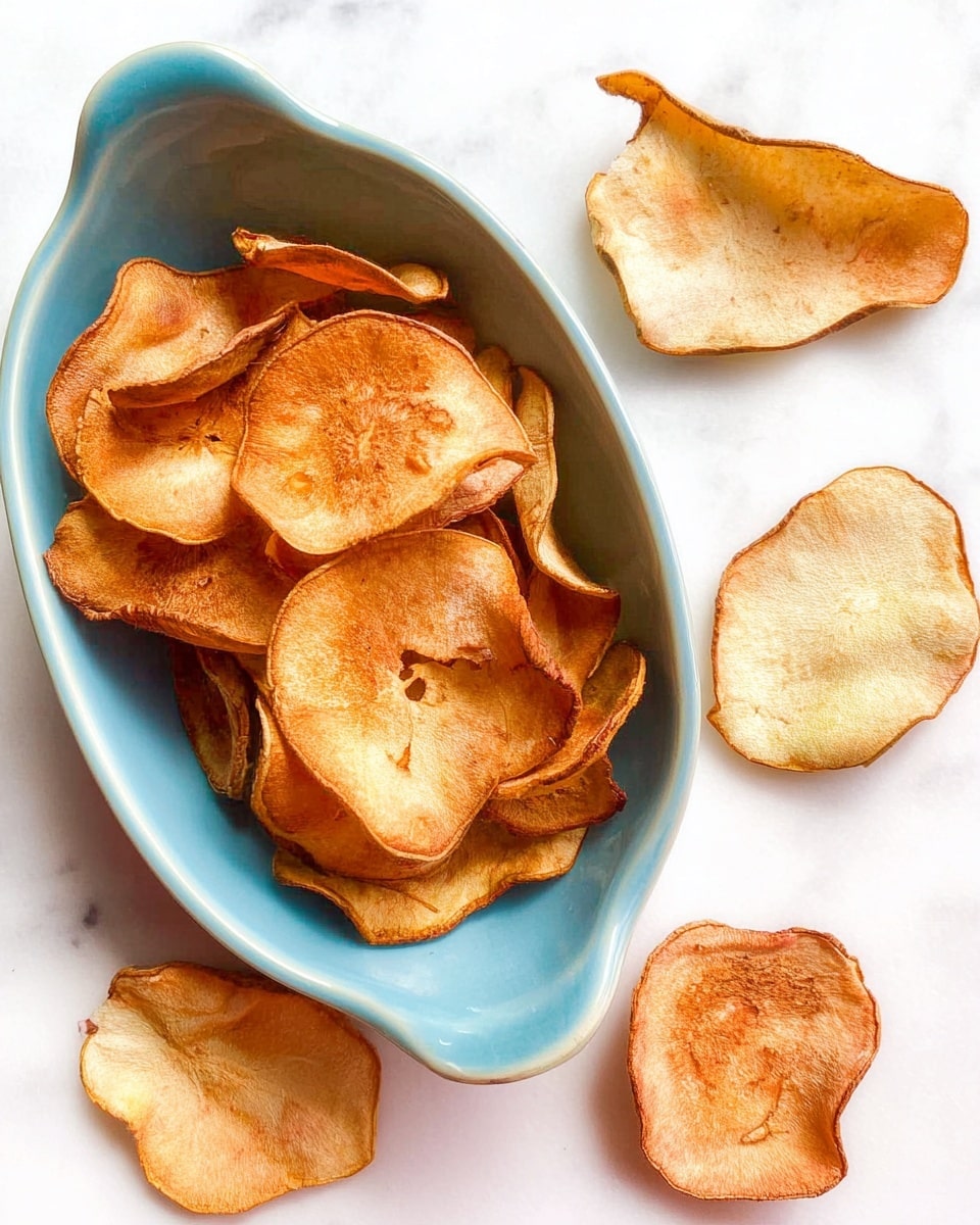 A light blue, oval-shaped ceramic dish filled with several thin, unevenly shaped, dried orange-brown and light tan slices, resembling dried fruit chips, sits on a white marbled surface. Around the dish, there are three more dried slices with a lightly wrinkled texture, varying from golden brown to beige hues. The overall look is simple and natural with warm colors and soft textures. Photo taken with an iphone --ar 4:5 --v 7