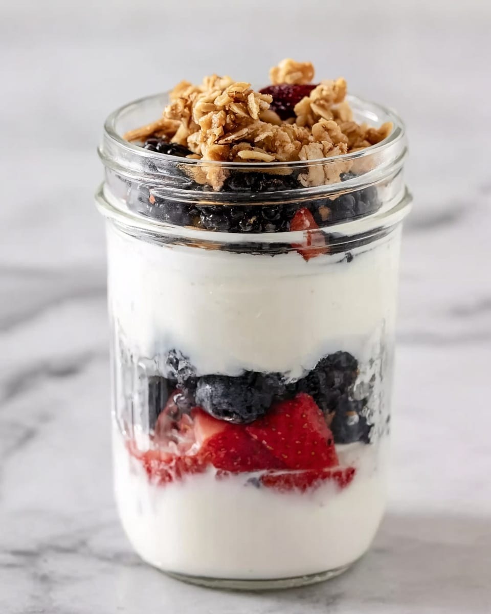 The image shows a clear glass jar with three layers inside, placed on a white marbled surface. The first layer at the bottom is a thick, white creamy substance. The second layer is made up of several small red raspberries and dark blue blueberries resting directly on top of the cream, creating a colorful contrast. The third and top layer consists of a few large blackberries and more dark blue blueberries, filling just the top part of the jar. The jar is open, showing the fresh ingredients inside, and the lighting highlights the freshness and texture of each layer. Photo taken with an iphone --ar 4:5 --v 7
