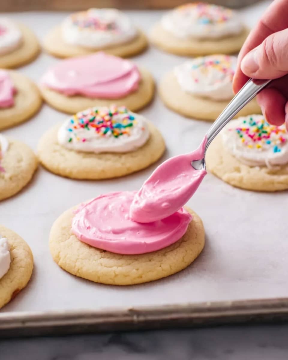 A close-up view of a baking tray lined with white parchment paper holding several round sugar cookies arranged in rows. Each cookie is smooth and light golden in color with a soft, slightly raised surface. One cookie in the foreground is being spread with a thick layer of bright pink, creamy icing using a small spoon held by a woman's hand. Other cookies in the tray show a layer of white icing topped with multicolored sprinkles. The background is a white marbled texture. photo taken with an iphone --ar 4:5 --v 7