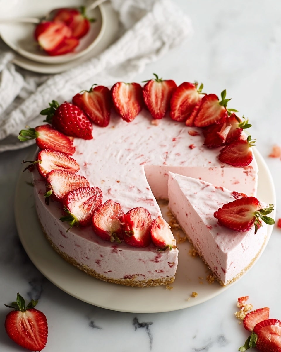 The image shows a round dessert with two layers on a white plate. The bottom layer is a light brown crumbly crust with a rough texture. The top layer is a thick pink creamy filling mixed with small red strawberry pieces, giving it a speckled look. Fresh red strawberry halves with green tops are neatly placed on top of the dessert along the edge. In the background, there is a white container filled with whole strawberries and another white plate with a small piece of the dessert left on it. All items are on a white marbled surface. Photo taken with an iphone --ar 4:5 --v 7