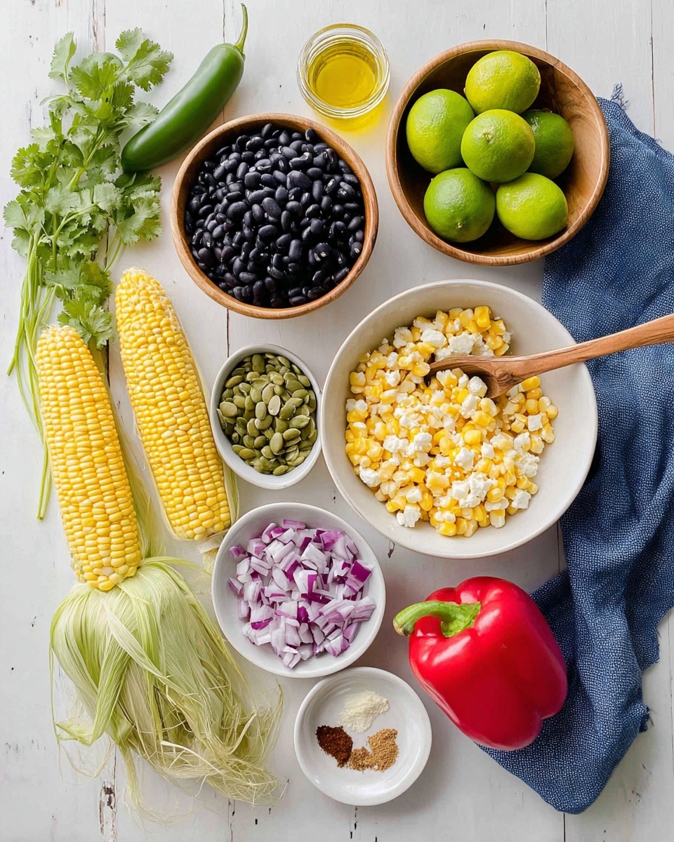 The image shows fresh ingredients arranged on a white marbled surface, featuring two ears of yellow corn with green husks peeled back at the bottom left. Above the corn, there is a bunch of green cilantro and a green jalapeño. In the center, a white bowl contains bright yellow and white corn kernels with a wooden spoon resting inside. To the left, a wooden bowl holds shiny black beans with a metal spoon inside. At the top center, three green limes, two whole and one cut in half, are placed next to a small glass jar of oil. On the right side, a blue cloth is draped near a small wooden bowl filled with green pumpkin seeds. Below it, a red bell pepper with a green stem sits next to three small round white bowls containing chopped purple onions, white cheese, and spices, including brown powder in one small bowl. The whole setup has a fresh and vibrant feel, with a mix of natural textures and colors. Photo taken with an iphone --ar 4:5 --v 7