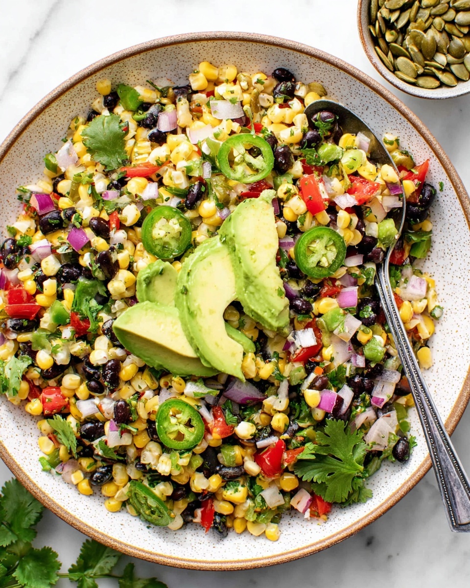 A white speckled round plate filled with a colorful corn salad featuring three green avocado slices spaced evenly on top, bright yellow corn kernels mixed with small black beans, finely chopped red onions, green jalapeño slices, and red bell peppers. Fresh green cilantro leaves are scattered over the salad, and pumpkin seeds add extra texture. A silver spoon rests on the right side of the plate, partially in the salad. The plate sits on a white marbled surface. Photo taken with an iphone --ar 4:5 --v 7