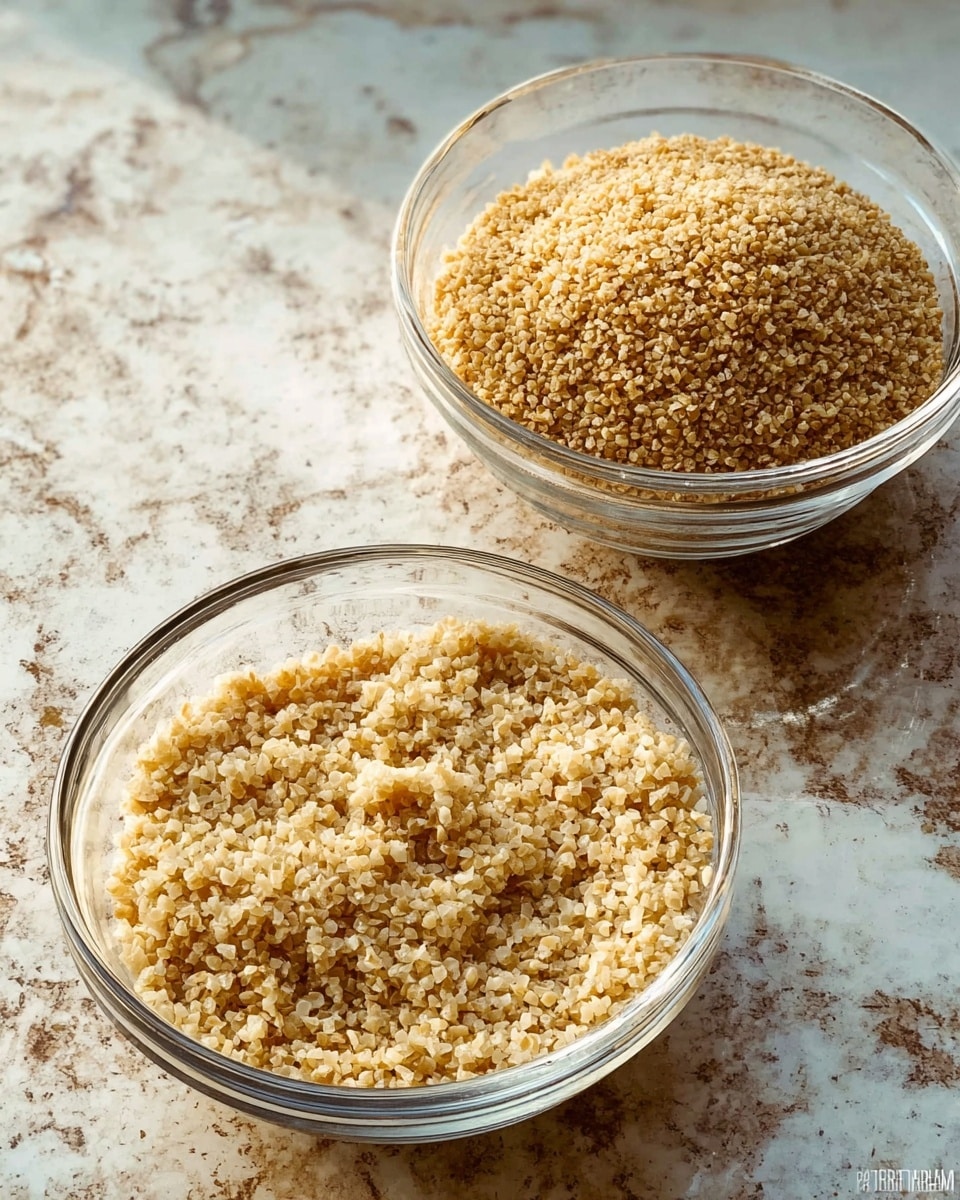Two clear glass bowls of different sizes sit on a white marbled surface. The larger bowl is closer in the foreground and filled with light beige cooked bulgur, showing a soft, fluffy texture with some grain separation on top. The smaller bowl is positioned behind and to the left, containing dry, uncooked bulgur that looks rougher and more compact with a golden tan color. Both bowls catch light that highlights the texture of bulgur grains clearly. Photo taken with an iphone --ar 4:5 --v 7