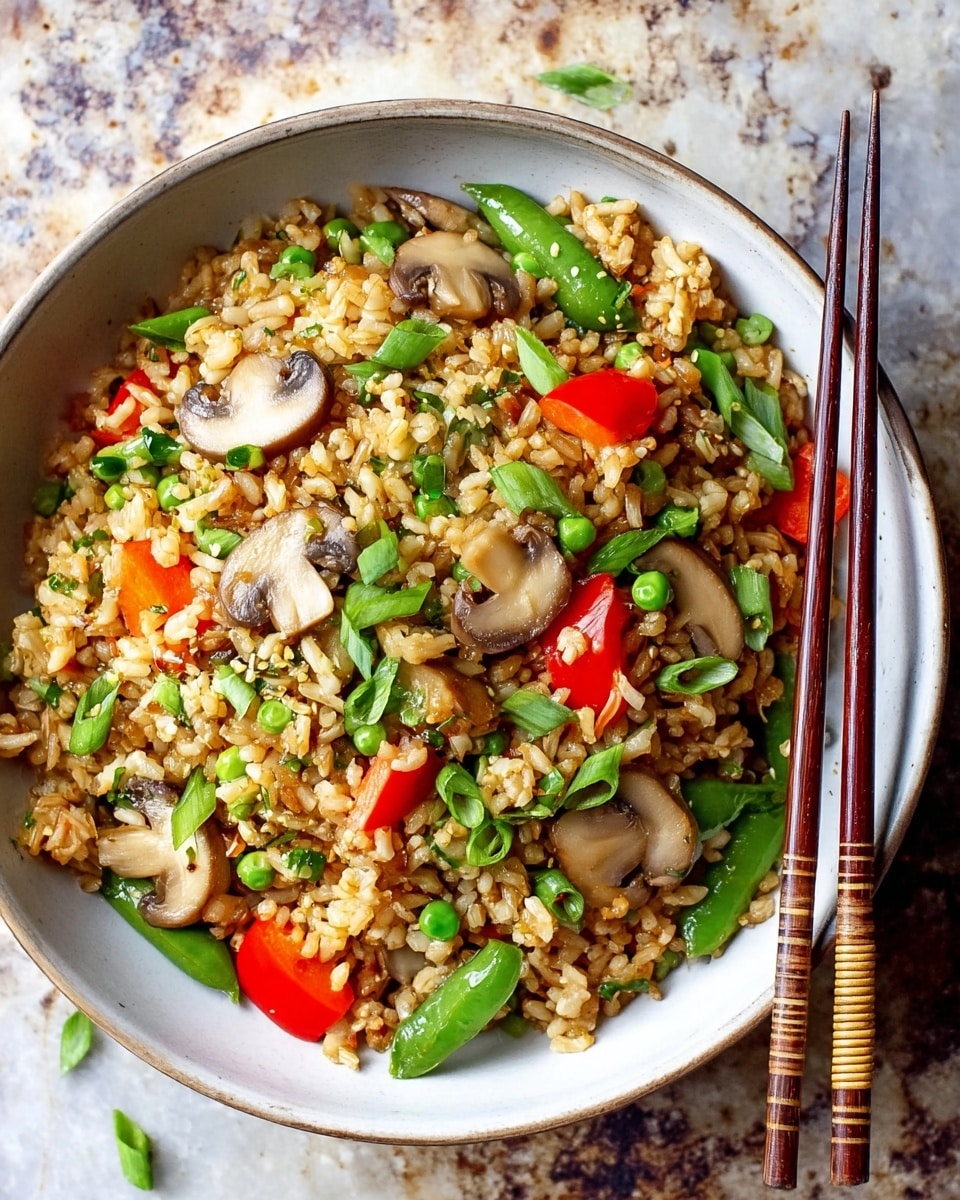 A white round bowl filled with mixed brown rice, light brown sliced mushrooms, bright red bell pepper chunks, green snap peas, and chopped green onions scattered on top. The bowl rests on a white marbled surface with light brown and gray marks. Dark brown wooden chopsticks with a light brown band near the tips rest on the right edge of the bowl. The dish looks colorful with a mix of soft and crunchy textures. photo taken with an iphone --ar 4:5 --v 7