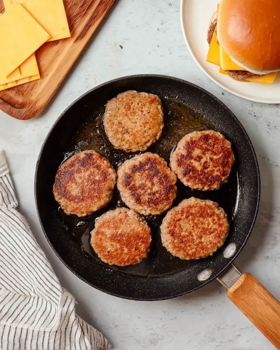 Six round brown cooked patties with a slightly crispy texture lie in a black frying pan with some oil glistening inside. The pan has a wooden handle extending out, resting on a white marbled surface. A white plate with toasted sandwich buns sits to the upper right side, showing a golden brown top texture. A striped cloth napkin lies to the left of the pan, with a wooden board and slices of yellow cheese nearby. The scene is lit softly, focusing on the pan's contents. photo taken with an iphone --ar 4:5 --v 7