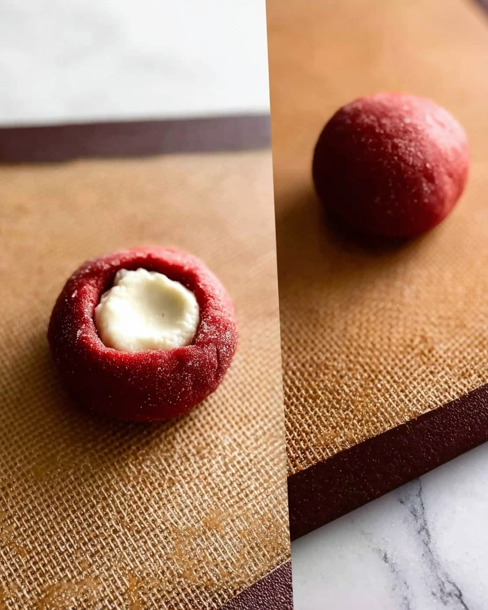 The image shows two red, round dough balls on a brown textured mat with one dough ball flattened and hollowed in the middle. The flattened dough ball has a white creamy filling placed inside the hollow. The background surface is a white marbled texture. Photo taken with an iphone --ar 4:5 --v 7
