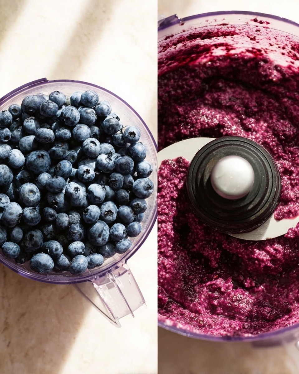 The image shows a clear food processor bowl filled with fresh blueberries resting on a white marbled surface. The blueberries are plump, round, and deep blue with a slight frosty texture, filling the bowl just below the blade assembly in the center. Next to it, the same bowl shows the blueberries blended into a chunky purple mixture with visible blueberry skins and juice. The blade assembly is partly covered by the thick, uneven textured blueberry puree. The background is softly lit with natural light, highlighting the contrast between the whole blueberries and the crushed mixture photo taken with an iphone --ar 4:5 --v 7