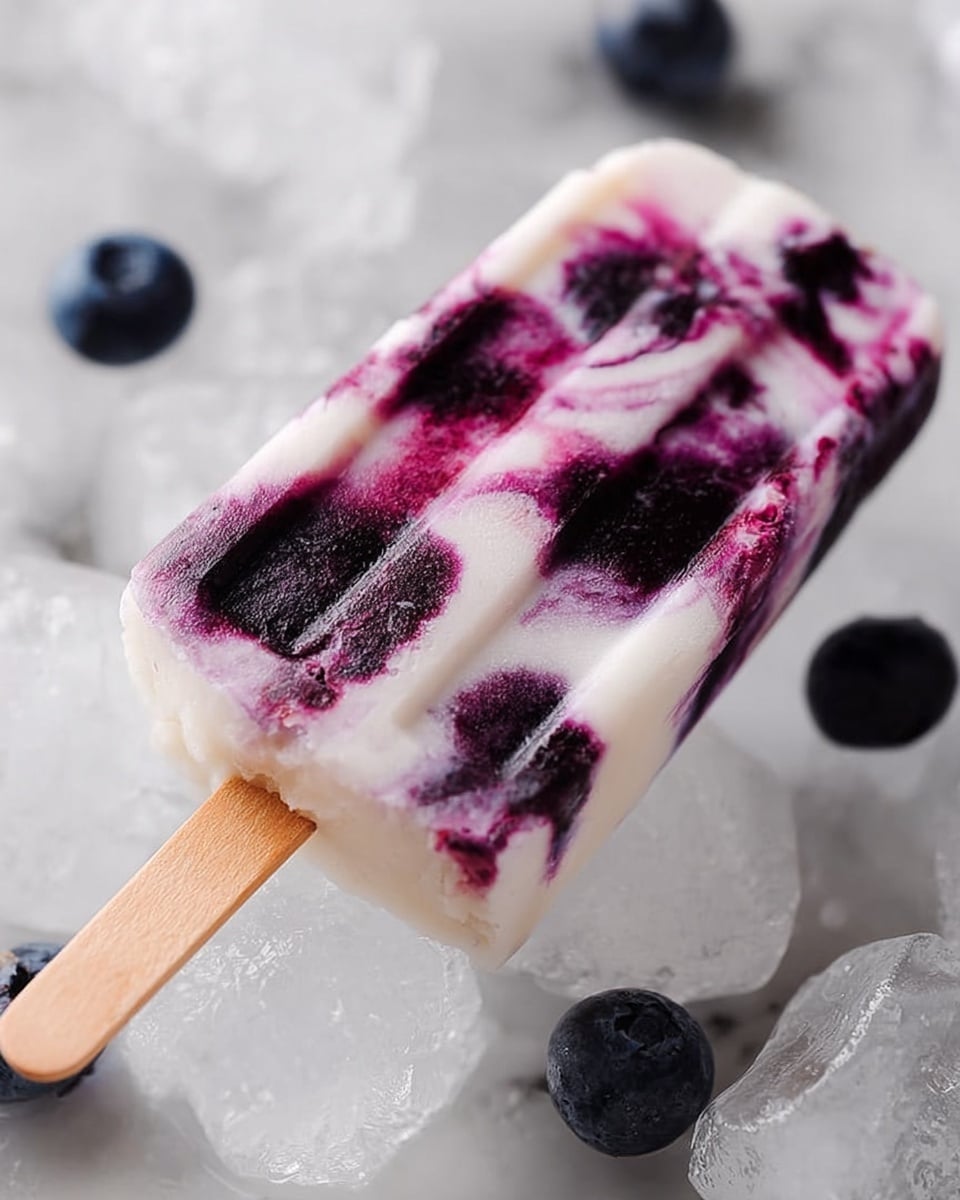 A white popsicle with dark purple swirls spread unevenly throughout the creamy base, creating a marbled effect. The popsicle is held by a light wooden stick and rests on clear ice cubes. In the background, there are a few whole blueberries scattered around on a white marbled surface. The texture of the popsicle looks smooth with some visible streaks of purple juice inside. photo taken with an iphone --ar 4:5 --v 7