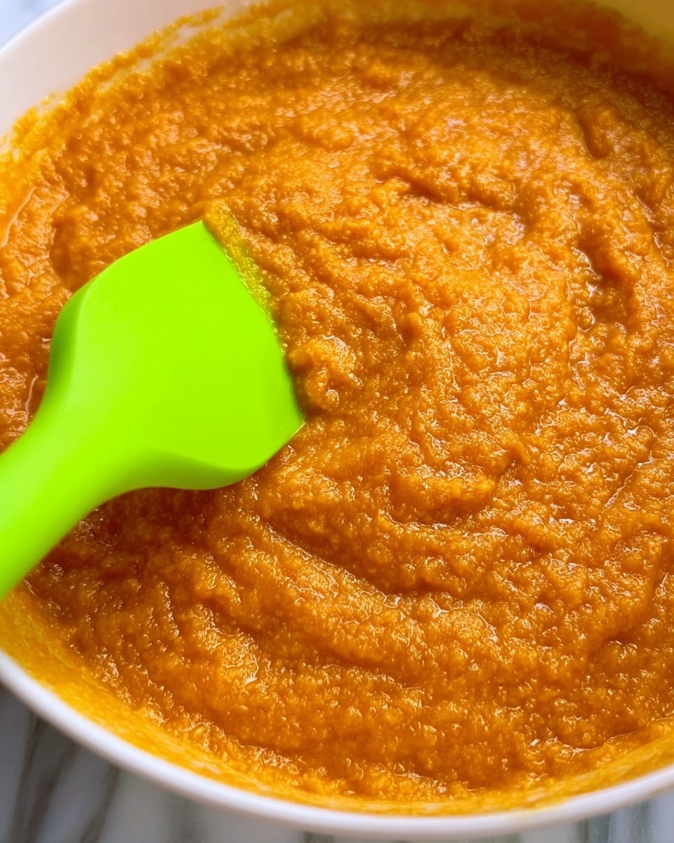 A close-up view of a thick, orange puree in a white bowl fills the frame, its textured surface showing small lumps and a slightly shiny finish. A bright green silicone spatula is pressed into the puree on the left side, slightly sinking into the soft, dense mix. The background under the bowl is a white marbled texture. Photo taken with an iphone --ar 4:5 --v 7