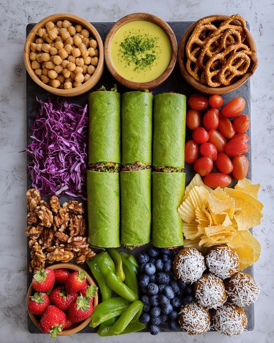 A black square board is arranged with neat rows of colorful food items on a white marbled surface. In the center, there are four bright green rolled wraps lined up vertically, smooth textured and slightly moist. Surrounding the wraps, starting from the top left corner clockwise: a wooden bowl filled with round, light brown chickpeas; a small pile of round, light brown crispy crackers; a stack of light brown pretzels with shiny texture; a wooden bowl holding yellow dipping sauce sprinkled with fresh green herbs; two round chocolate balls coated with white coconut flakes; a group of bright red grape tomatoes; a mix of different nuts including walnuts and hazelnuts; a wooden bowl filled with shredded purple cabbage; a pile of wavy golden potato chips; ring-shaped slices of light green bell pepper; a cluster of deep blue blueberries; and a row of halved red and white strawberries with green stems. The food is cleanly spaced and visually balanced. photo taken with an iphone --ar 4:5 --v 7