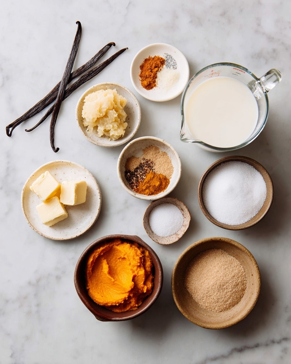 On a white marbled surface, there are several small white and brown bowls and plates arranged neatly. Two dark vanilla pods lie to the left. A small white plate holds two pale yellow butter pieces. Nearby, a small white plate contains a light yellow paste that looks like ginger. There is a small bowl with a mix of brown and orange spices, and another small bowl with white powder. A larger brown bowl in the center holds bright orange puree, likely pumpkin. To the right, a clear glass measuring cup is filled with white milk. A small dark bowl contains white salt crystals, and a light brown bowl holds packed light brown sugar. photo taken with an iphone --ar 4:5 --v 7