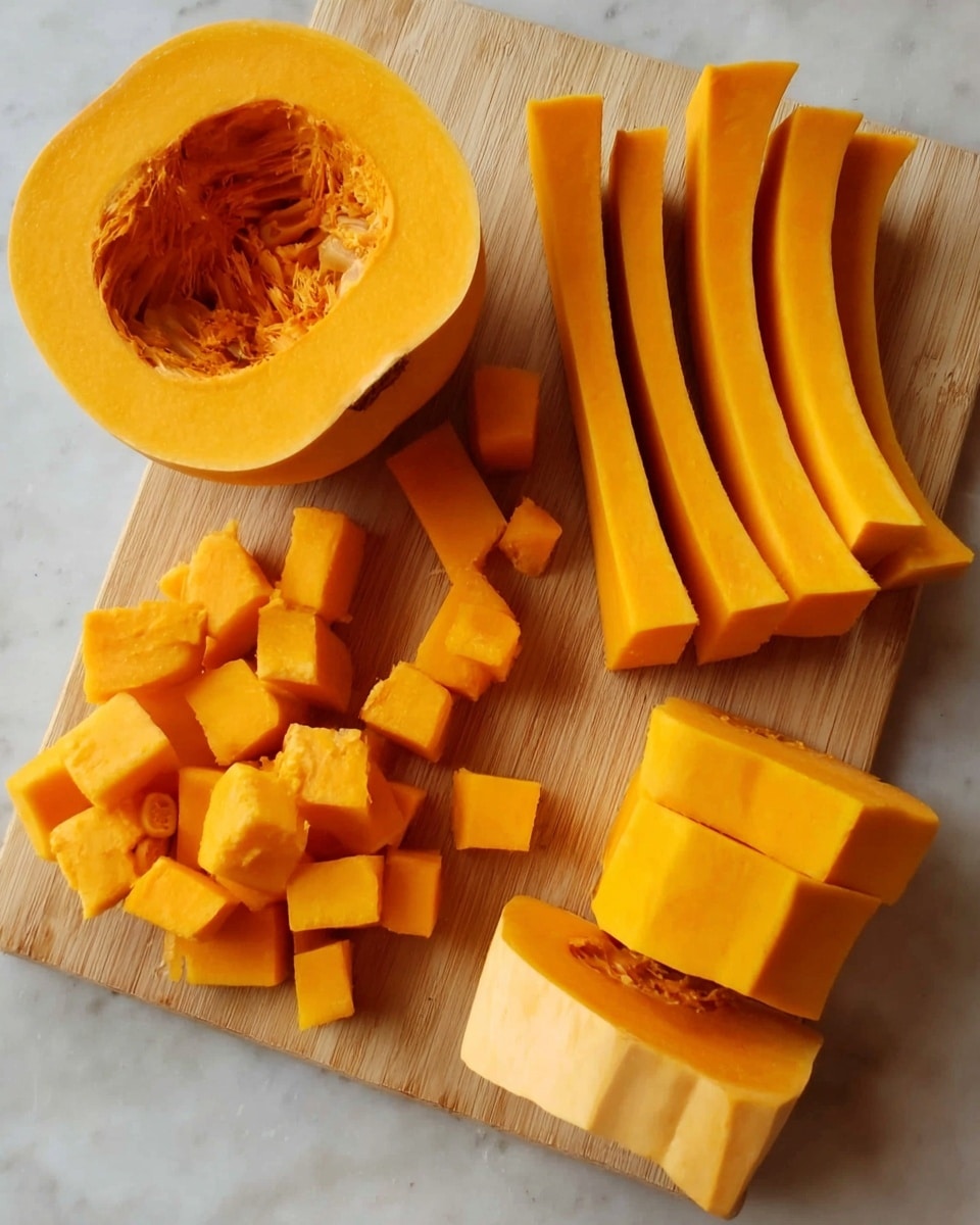 The image shows four different shapes of fresh orange squash pieces arranged on a light wooden surface. At the top left, there is a large hollowed squash half with smooth inner texture. To its right, there are curved long slices, some with fibrous details inside, arranged standing upright. At the bottom left, there is a pile of small, neatly cut orange squash cubes with smooth surfaces. On the bottom right, there are thick rectangular slices stacked loosely, showing the orange flesh and light-colored sides. The background is a white marbled texture. Photo taken with an iphone --ar 4:5 --v 7