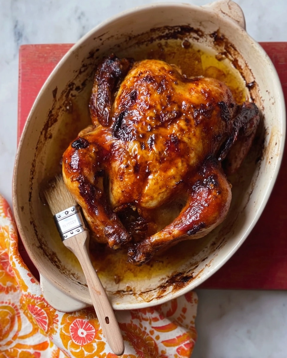 A whole roasted chicken with crispy, dark golden brown skin is placed in a white oval baking dish. The chicken has a shiny, glazed texture with some charred spots. The dish shows brown roasted juices and bits on its sides. A wooden pastry brush with a metal band lies inside the dish near the chicken, its bristles stained from use. The dish rests on a red trivet over a white marbled surface, with an orange, white, and yellow patterned cloth partially visible next to it. photo taken with an iphone --ar 4:5 --v 7