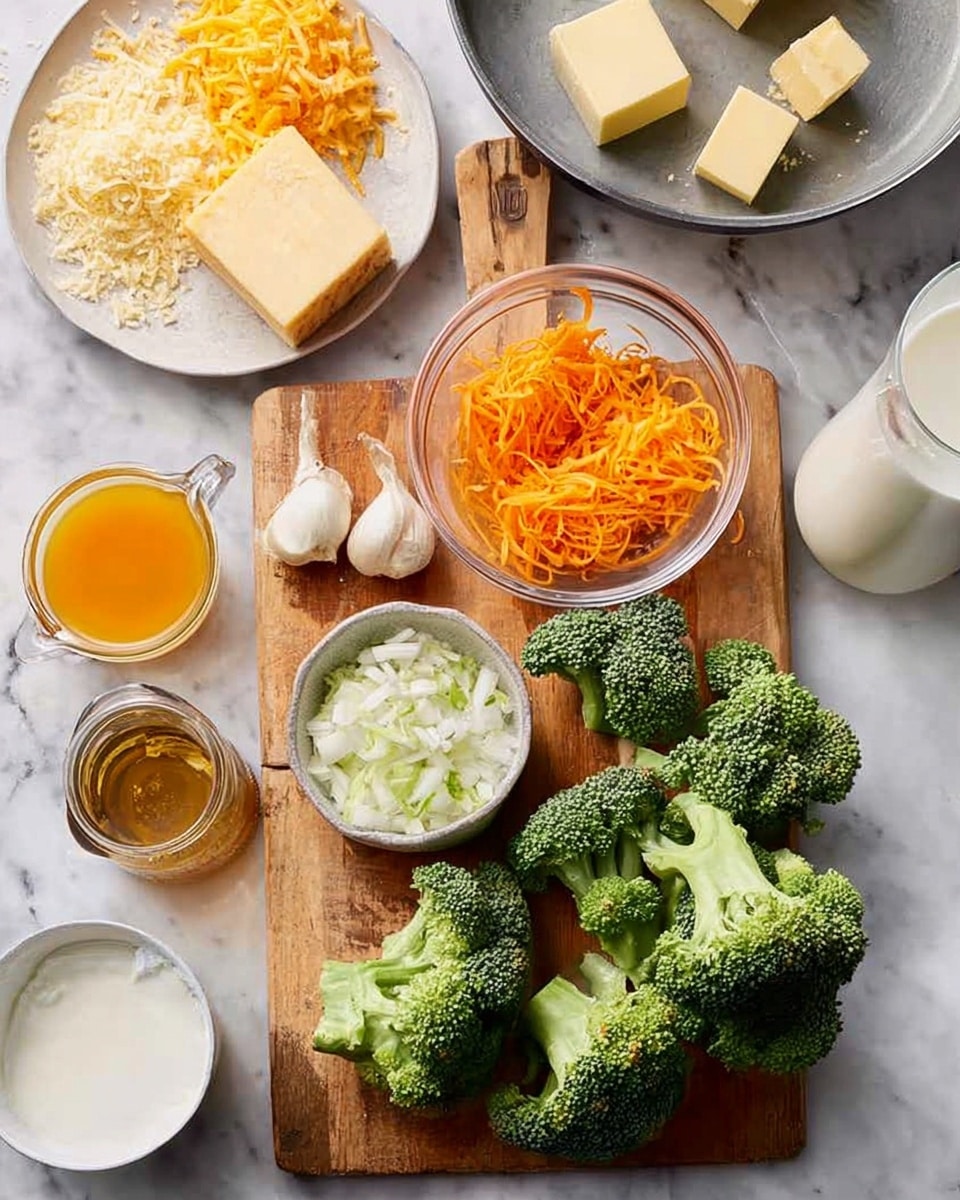 The image shows a wooden cutting board placed on a white marbled surface with several fresh broccoli florets arranged on the right side. In the center of the cutting board, there is a clear glass bowl filled with thin, orange carrot strips. Around the cutting board, there are various ingredients including a small glass bowl of chopped white onions near the bottom left, a small jar of golden-brown liquid (likely sauce or oil) close to the center, three cloves of garlic near the bottom, a clear glass cup filled with orange broth or juice near the bottom left, and a small clear bowl of white flour at the bottom right. At the top left, a white plate holds a block of yellow cheese with shredded pieces nearby and three small cubes of butter. A large, empty metal skillet sits at the top right with a glass of milk beside it. A woman’s hand is not visible, but all detailed ingredients are neatly arranged. The background and surface have a clean, white marbled look. Photo taken with an iphone --ar 4:5 --v 7