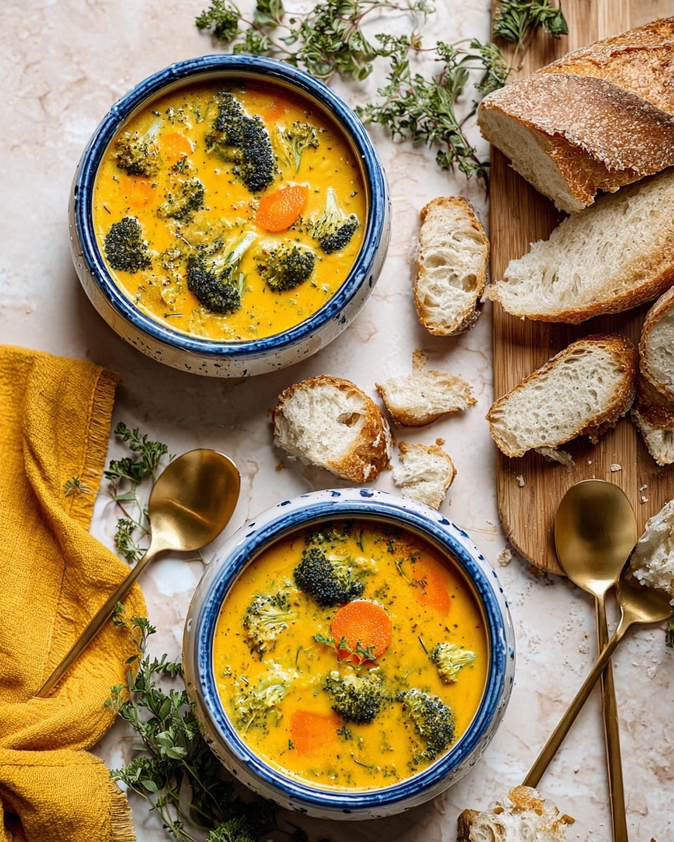 Two white bowls filled with bright orange creamy soup that has visible green broccoli florets and sliced orange carrots floating on top. The bowls have a blue rim and sit on a white marbled textured surface with scattered pieces of torn bread around them. To the right, there is a wooden board holding several pieces of crusty white bread with a golden-brown crust and soft inside. A yellow cloth napkin holds two gold spoons on the bottom left corner. There is also fresh green herbs placed around the scene. Photo taken with an iphone --ar 4:5 --v 7