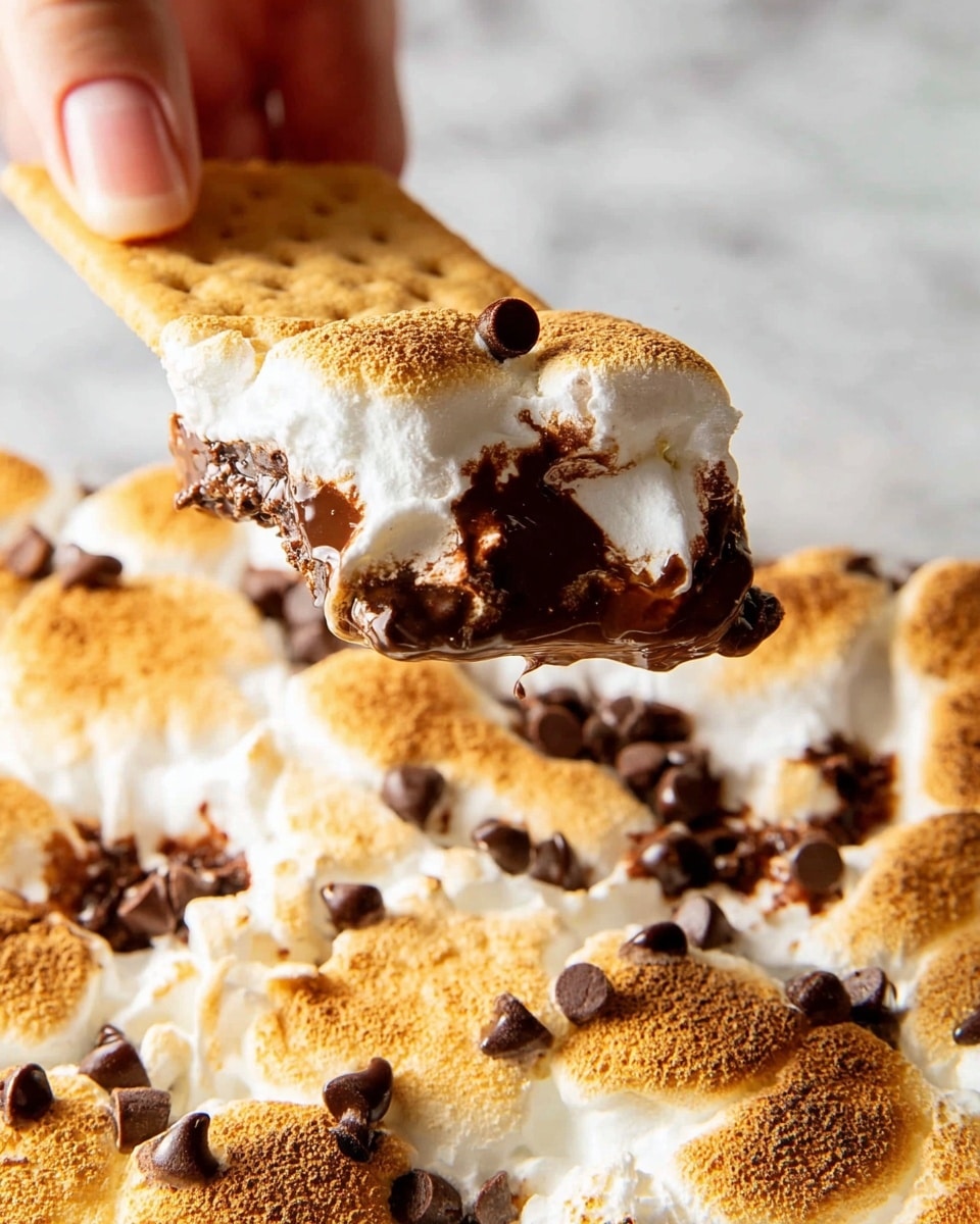 A close-up of a toasted marshmallow layer on top with a light golden brown color and soft toasted texture, small dark brown chocolate chips scattered on top melting into the marshmallow, beneath the marshmallow layer is melted dark brown chocolate mixed with white gooey marshmallow being scooped up by a light golden brown graham cracker held by a woman's hand from the right side; the background surface is a white marbled texture. photo taken with an iphone --ar 4:5 --v 7