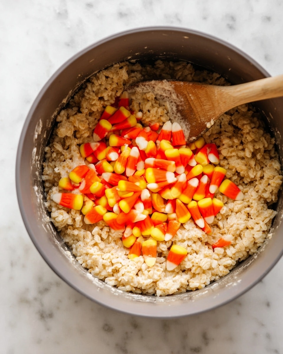 Inside a gray pot on a white marbled surface, there is a mixture of light tan crispy rice cereal with a creamy texture, forming the bottom and most of the visible layers. On top of the cereal mix, near the center, is a pile of bright orange, yellow, and white candy corn pieces scattered loosely. A wooden spoon is stirring the cereal, partly buried in the mix, showing some of the creamy texture on its surface. Photo taken with an iphone --ar 4:5 --v 7