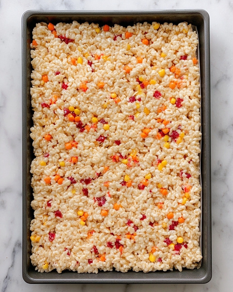A rectangular tray filled with a single thick layer of light beige crispy rice treats, interspersed throughout with small pieces of red and yellow candy, giving bright spots of color across the top. The treats have a slightly shiny, sticky texture and are pressed evenly to fill the tray from edge to edge. The tray is placed on a white marbled surface photo taken with an iphone --ar 4:5 --v 7