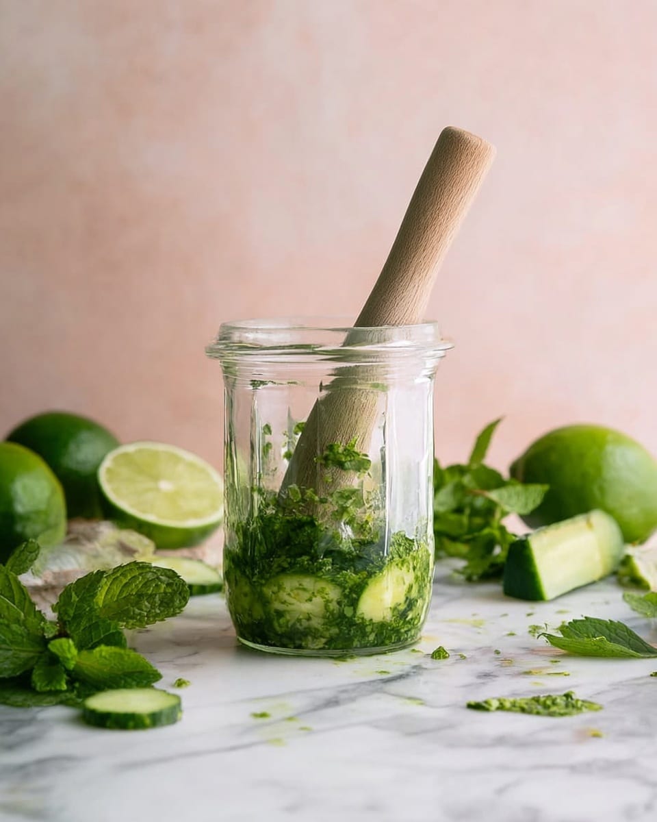 A clear glass jar sits on a white marbled surface, containing crushed green mint leaves and lime pieces at the bottom. A wooden muddler is placed inside the jar, partly submerged in the crushed ingredients. Surrounding the jar on the white marbled surface are whole and halved fresh green limes, cucumber slices, and sprigs of mint. The background is a soft light pink wall, creating a gentle contrast. The scene is clean and fresh with natural light highlighting the textures. photo taken with an iphone --ar 4:5 --v 7